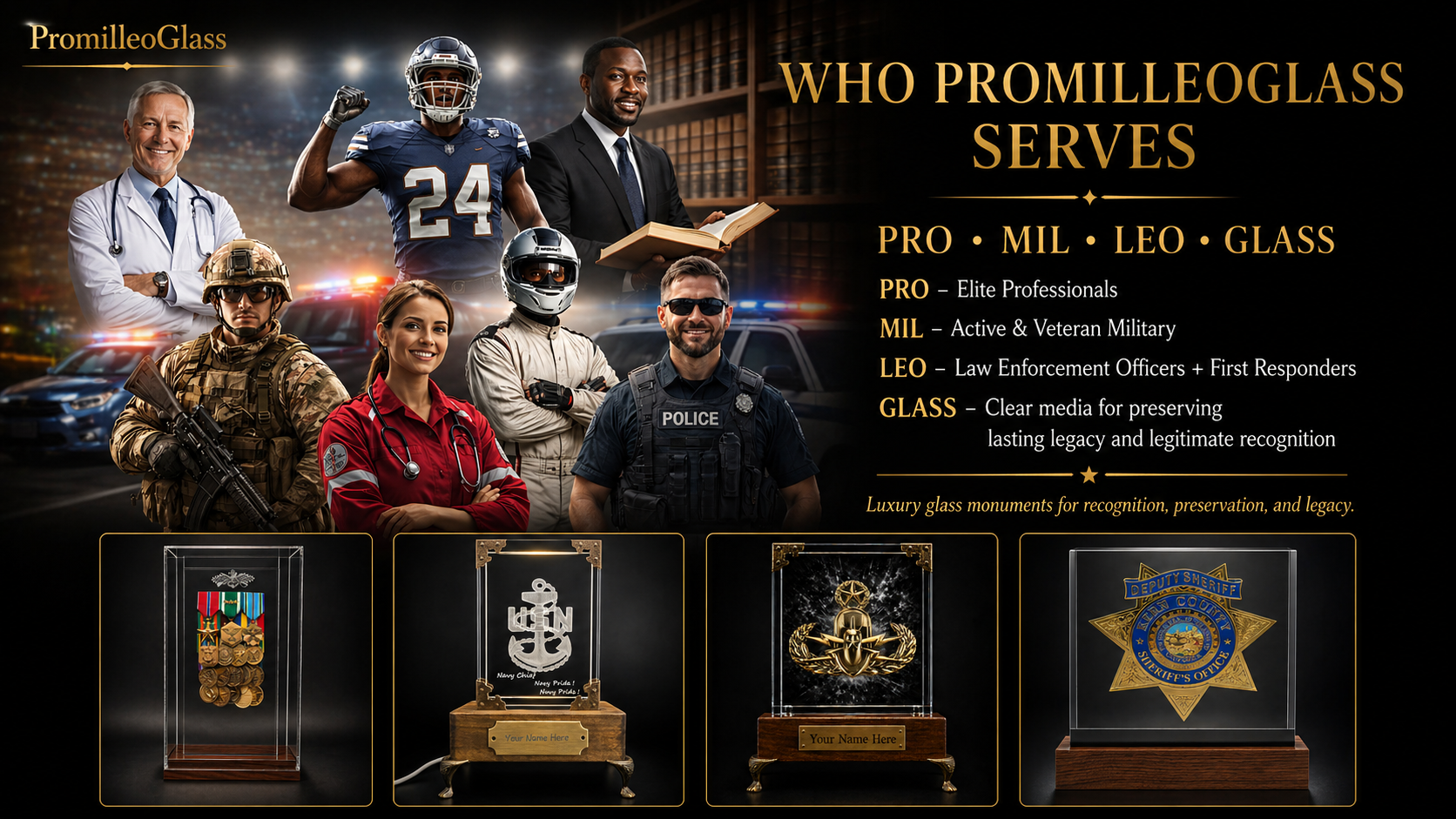 PromilleoGlass brand audience graphic showing who PromilleoGlass serves: elite professionals, active and veteran military, law enforcement officers, first responders, and luxury glass monument recognition and legacy preservation.
