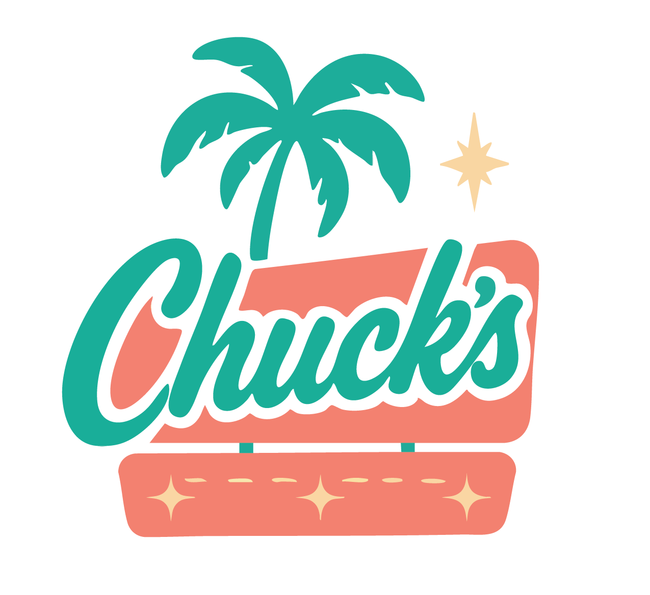 Retro style neon sign reading 'Chucks' with a palm tree and star, pink and teal color scheme.