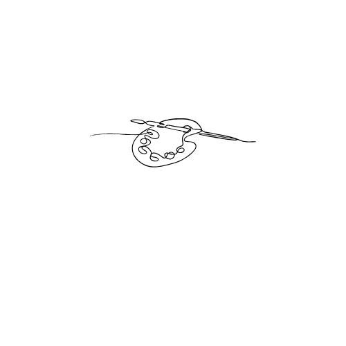 Linienzeichnung eines Malerpinsels, der in eine Farbpalette taucht.