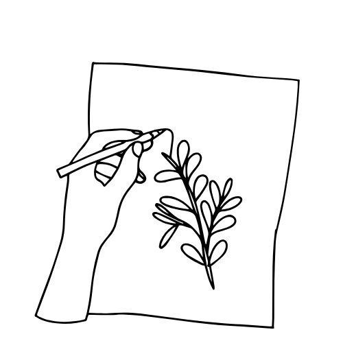 Hand zeichnet ein Blatt mit Zweigen und Blättern auf Papier