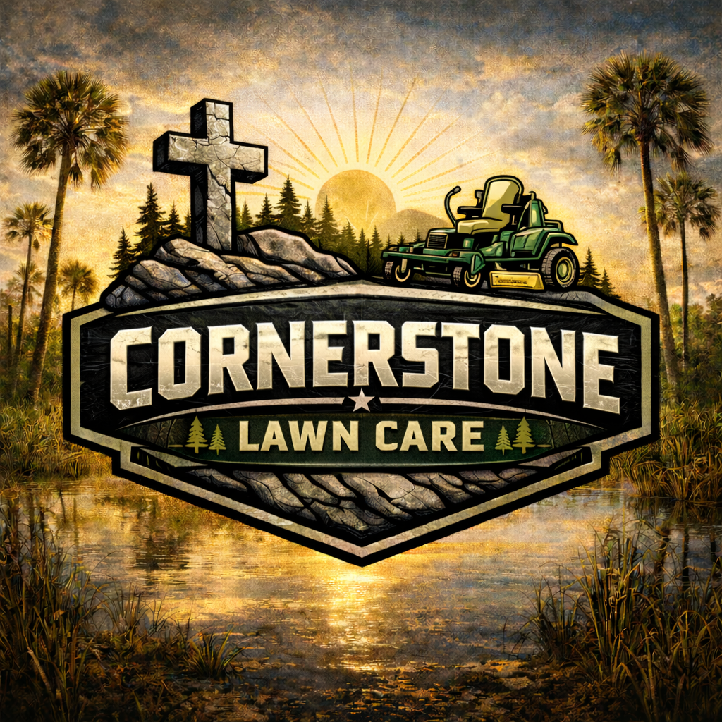 A logo for Cornerstone Lawn Care featuring a mountain with a cross, a lawn mower, and a sunrise with trees and water in the background.