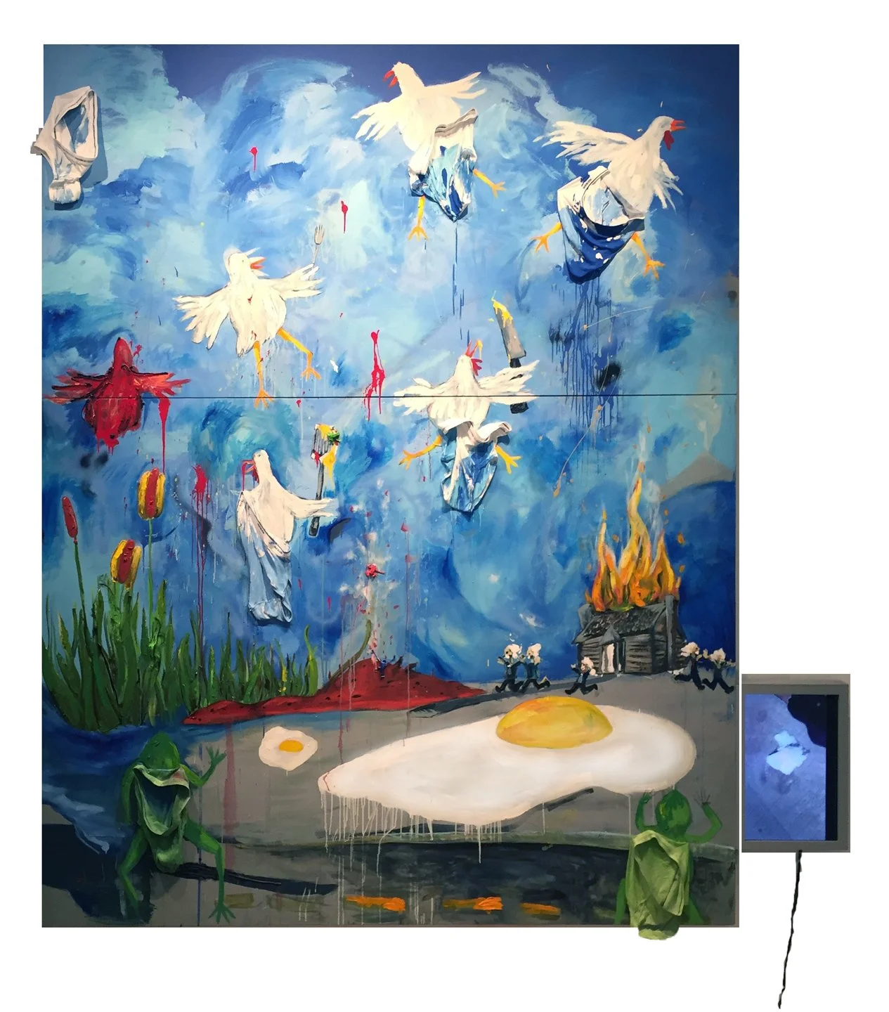 Jen Catron and Paul Outlaw
SOSsoso
2016
oil and acrylic on canvas, w/ men’s
underwear, video monitor and video
120 x 96 inches