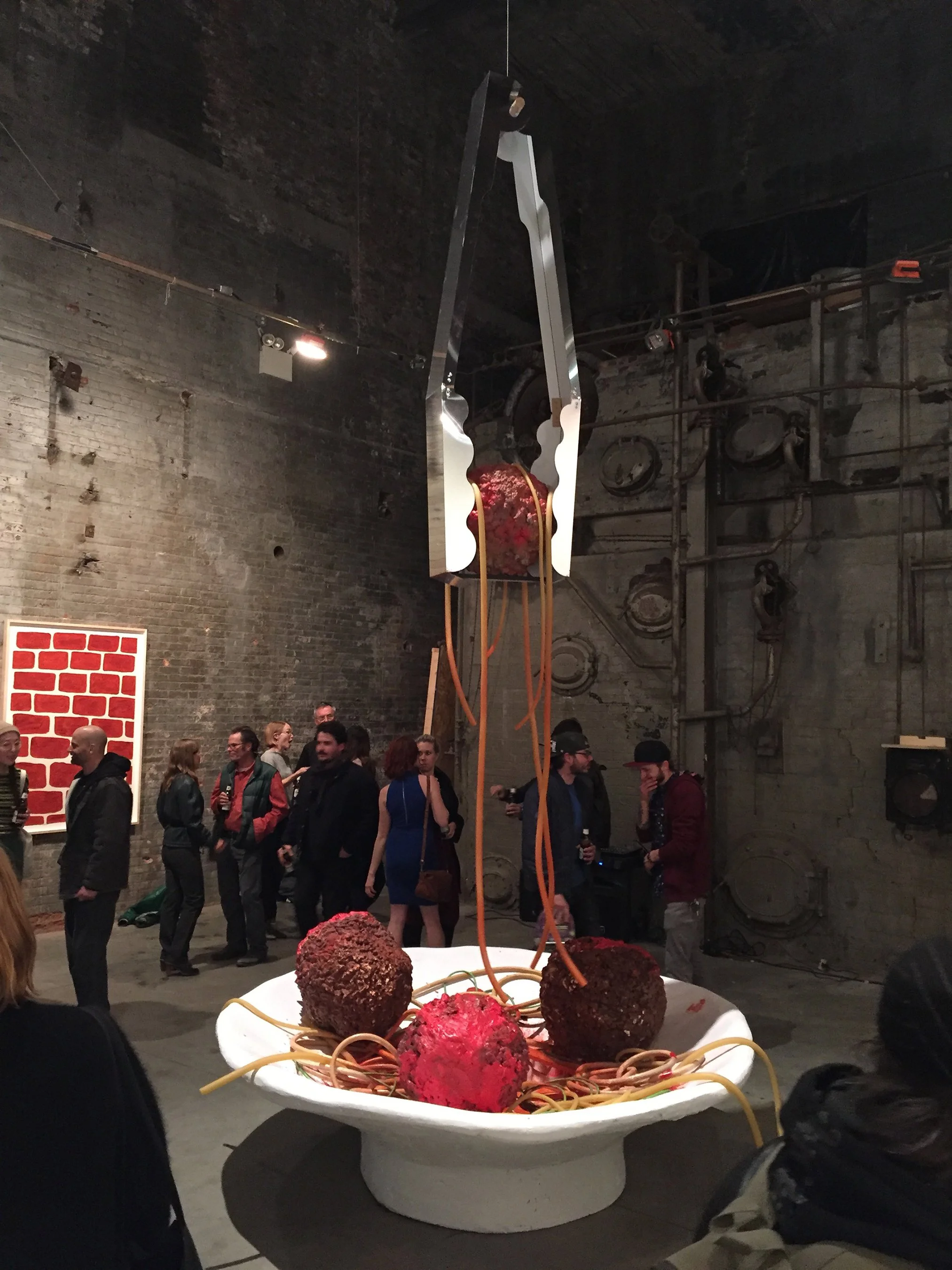 Spaghetti Machine Monument. 2021 Foam, rubber tubes, electric motor, paint, sauce.
16' x 8' x 8'.