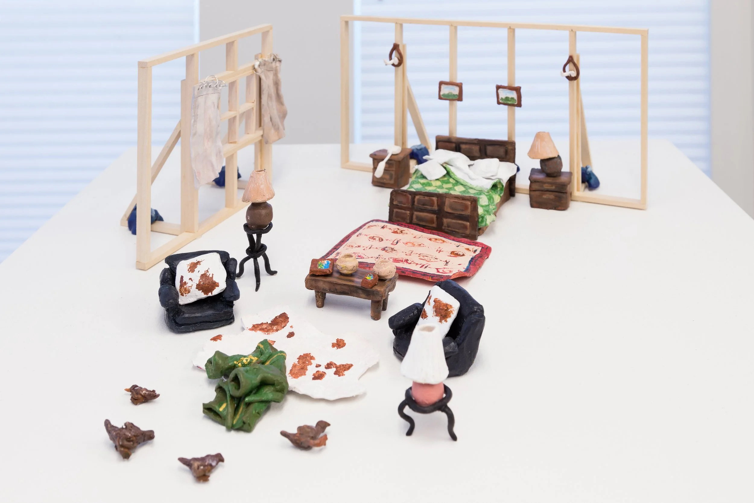 Justice Scalia’s Room (and the conspiracy and
discourse that followed), 2018
ceramics and mixed media
6.5 x 26 x 14 inches (16.5 x 66 x 35.5 cm)



Following the death of Justice Antonin Scalia at Cibolo Creek Ranch in Texas, a series of conspiracy
t