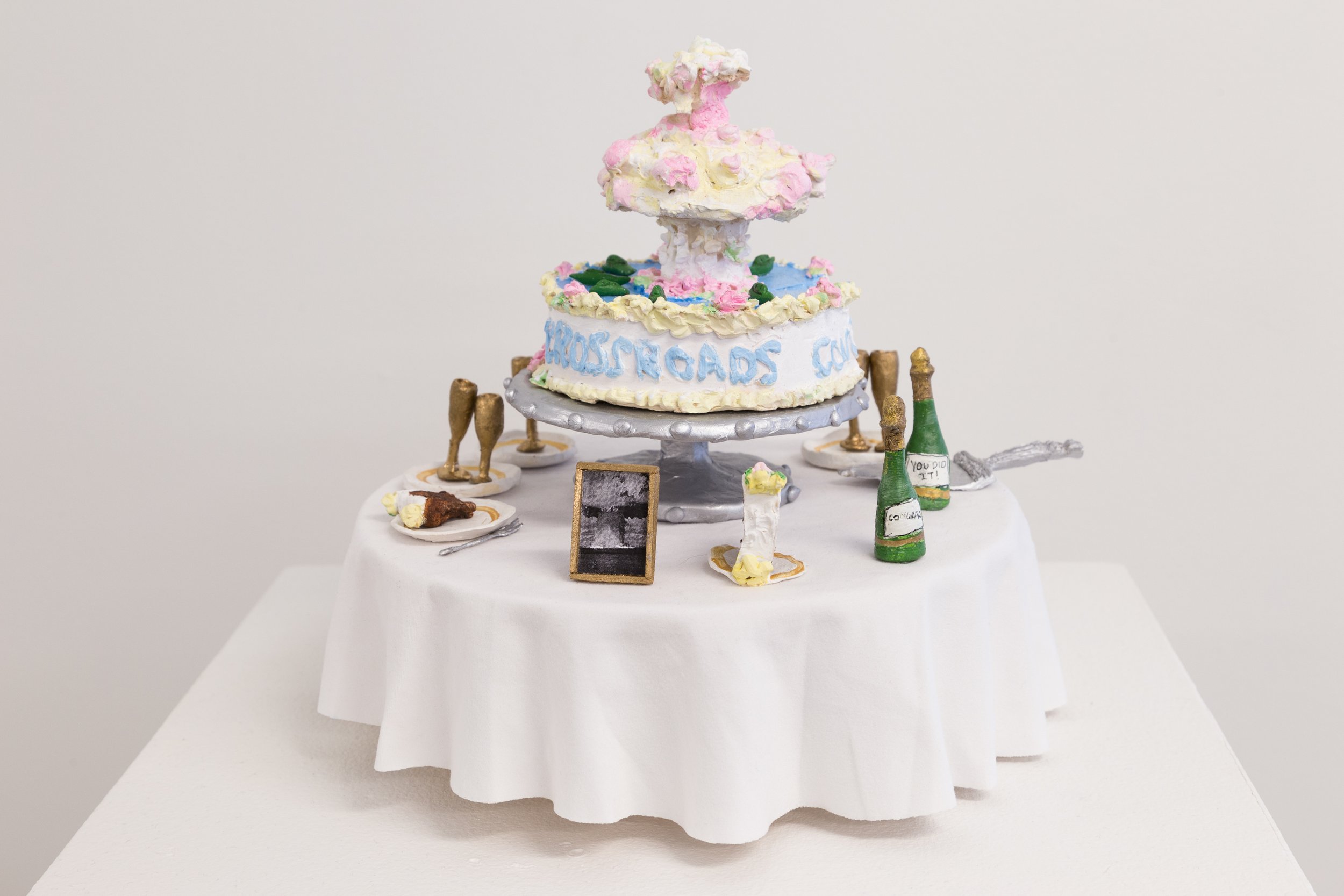 Congrats!! (Operations Crossroads), 2018

mixed media

9 x 10 x 10 inches (23 x 25.5 x 25.5 cm)



Following the nuclear tests on Bikini Island (in which United States moved an entire island of native people
to another island where they subsequently 