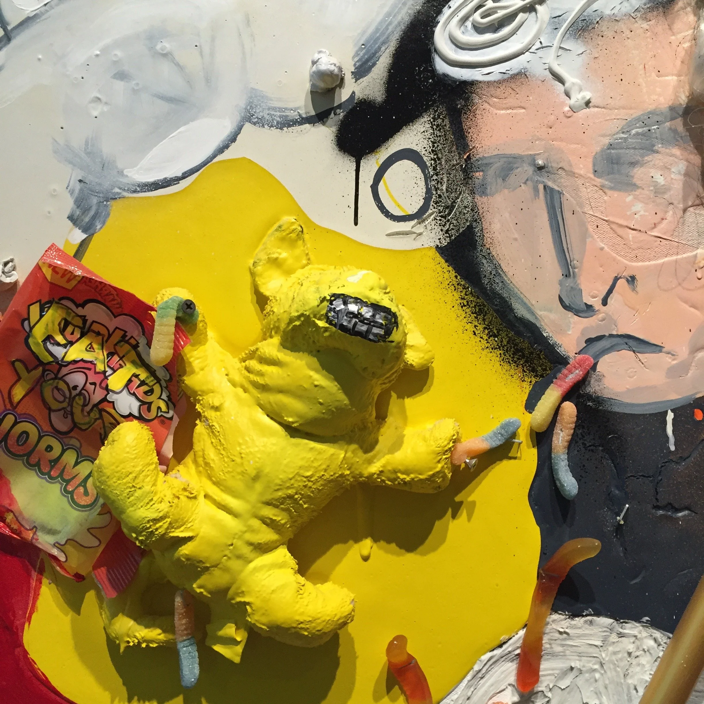 Jen Catron and Paul Outlaw
Eat your worms George Washington !
2016
acrylic and spraypaint on canvas, w/
American flag, gummy worms, wig, sock
48 x 32 inches