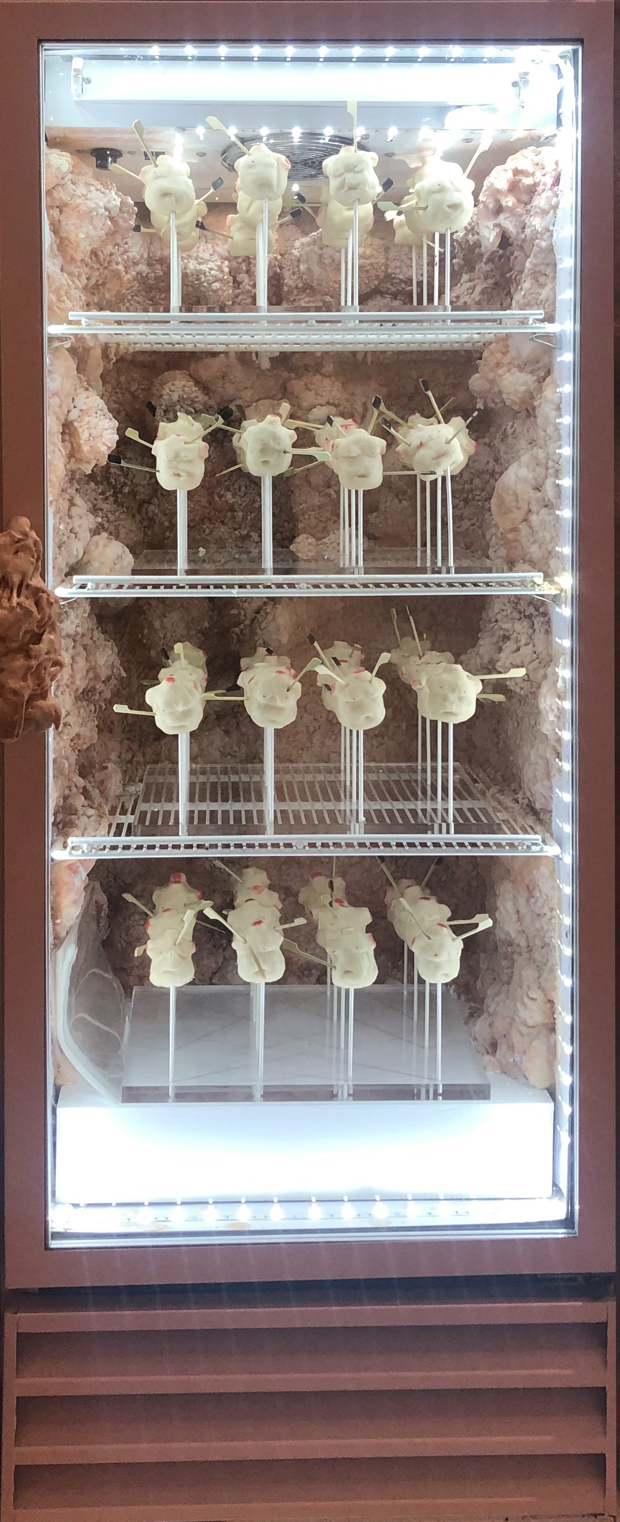 Tipping Point. 2020
Fabric, wood, plastic hardcoat, refrigerator, marzipan 12' x 8' x 8'. Postmasters gallery. Back view