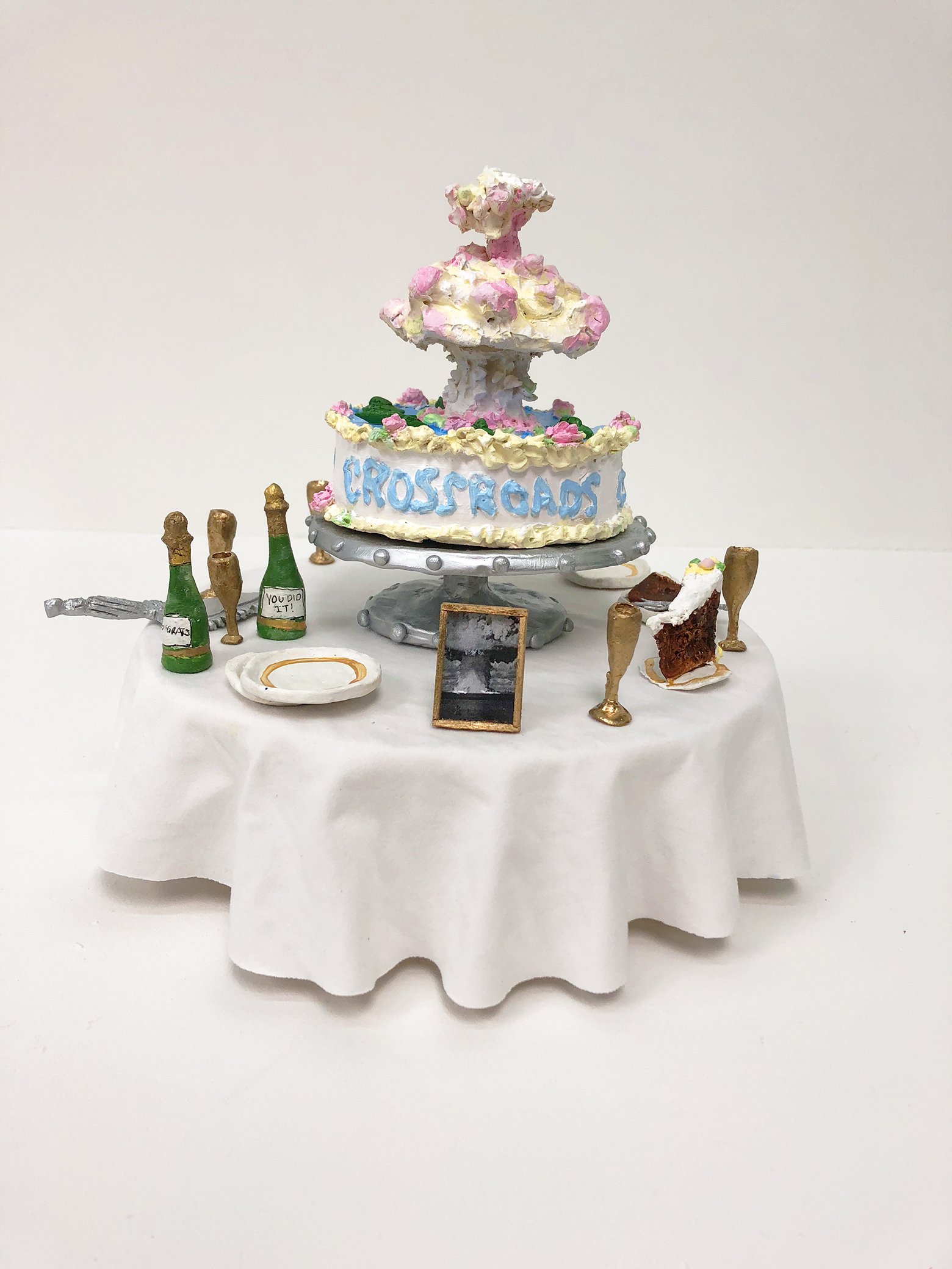 Congrats!! (Operations Crossroads), 2018

mixed media

9 x 10 x 10 inches (23 x 25.5 x 25.5 cm)



Following the nuclear tests on Bikini Island (in which United States moved an entire island of native people
to another island where they subsequently 