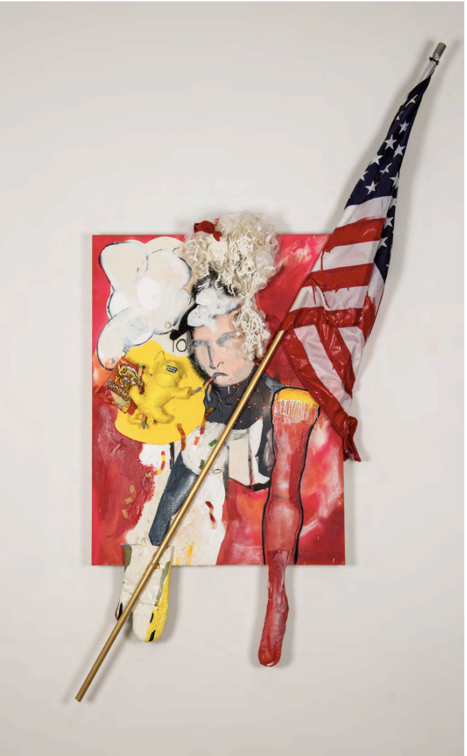 Jen Catron and Paul Outlaw
Eat your worms George Washington !
2016
acrylic and spraypaint on canvas, w/
American flag, gummy worms, wig, sock
48 x 32 inches