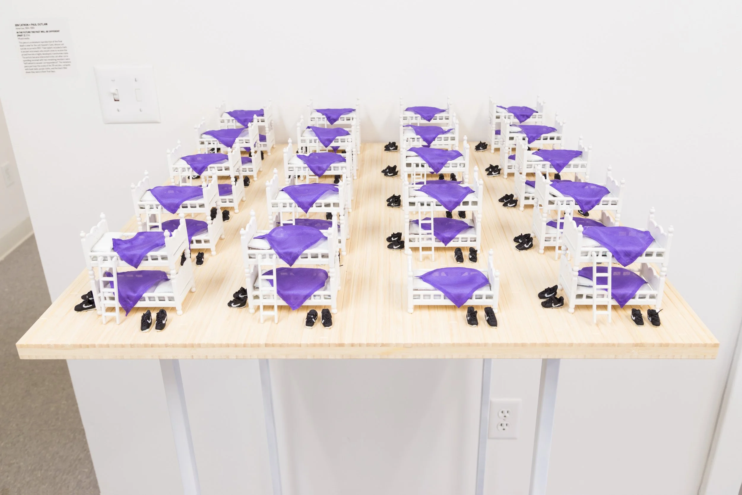 In the Future the Past Will be Different (part 2), 2016

mixed media

5 x 28 x 28 inches (13 x 71 x 71 cm)



This piece is a miniature reproduction of the final death scene for the cult Heaven’s Gate, whose cult suicide
occured in 1997. Their belief