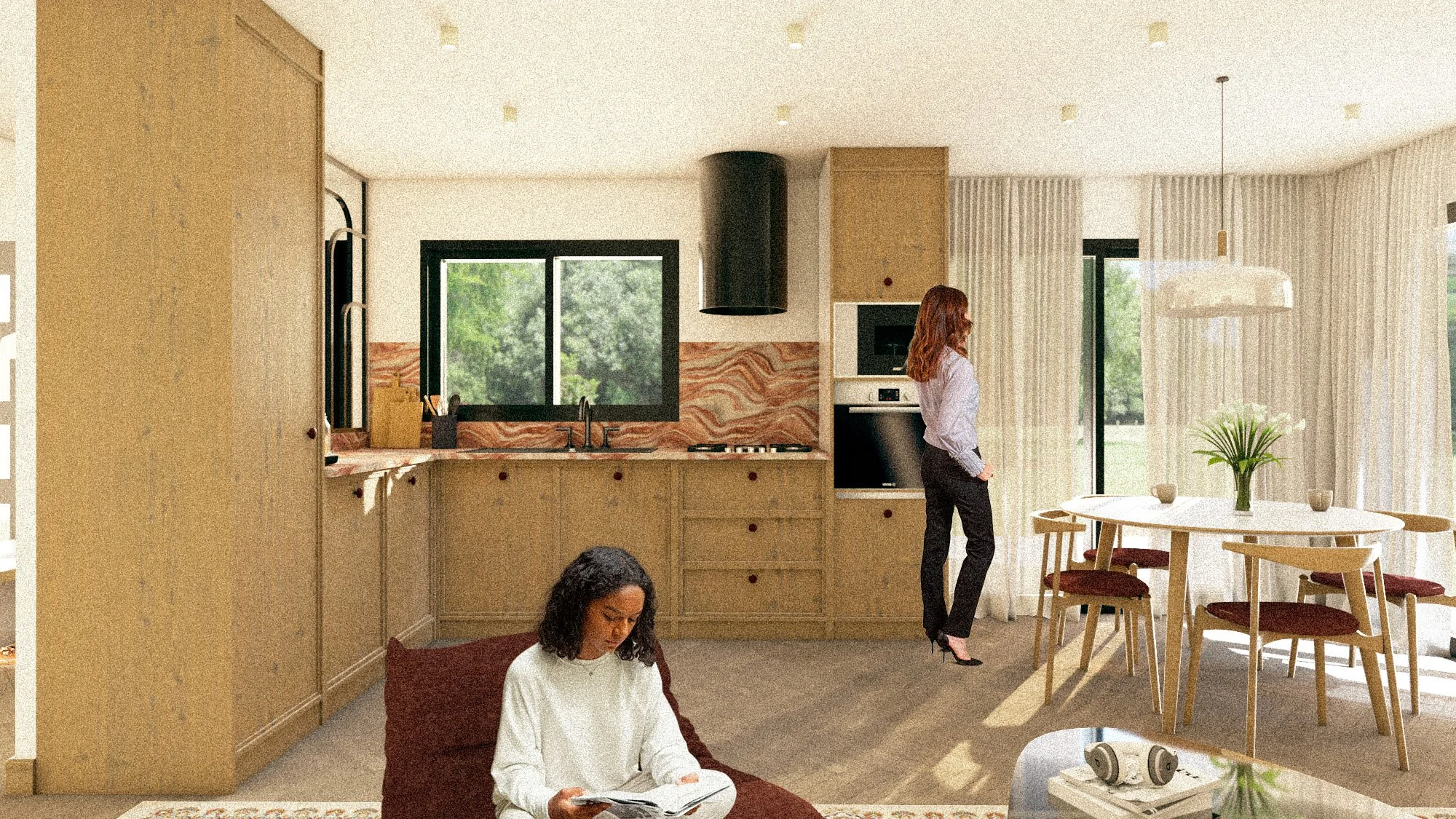 Une cuisine et une salle à manger dans une maison moderne avec un design épuré. Il y a une femme habillée élégamment, debout près d'une table, et une autre femme assise en train de lire un livre sur un coussin.
