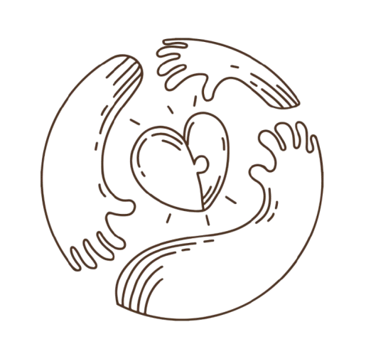 Une ligne artistique représentant deux mains qui tiennent un cœur, avec un fond noir et des points blancs, symbolisant l'amour et le soutien.