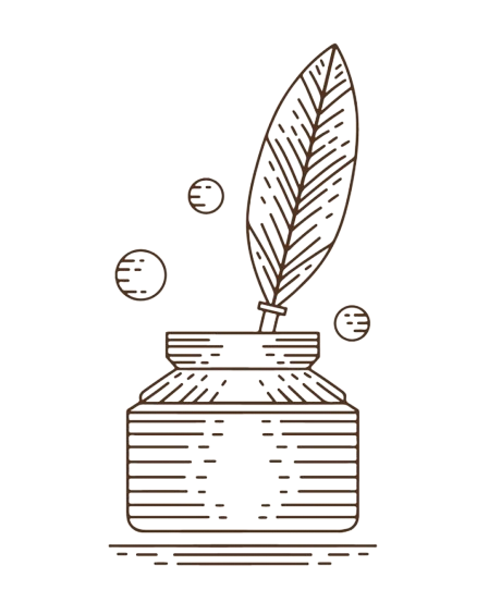 Illustration d'une bouteille d'encre ancienne avec une plume, entourée de petites sphères symbolisant de l'encre.