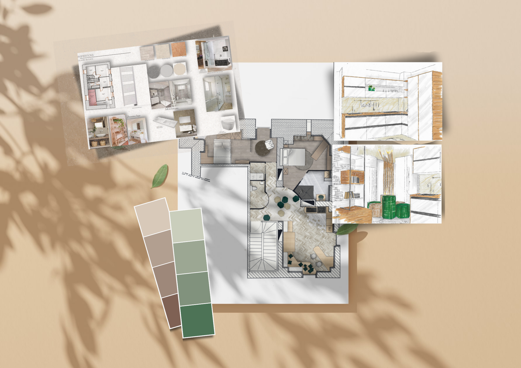 Plan d'architecte avec échantillons de couleurs pour intérieur, réserve de peinture, et croquis 3D de plusieurs espaces intérieurs.