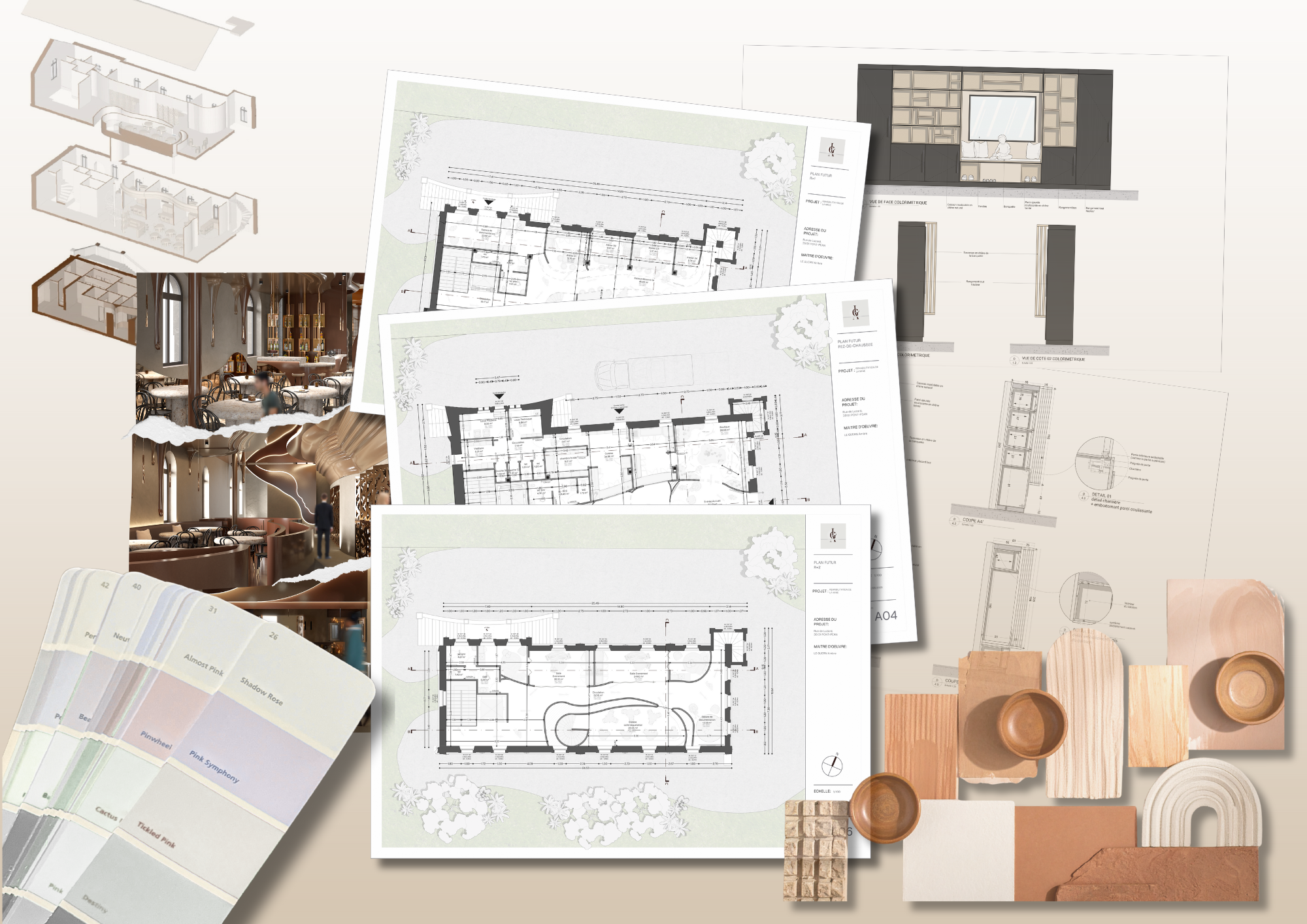 Plans architecturaux d'une conception intérieure et extérieure d'un espace commercial ou résidentiel, avec échantillons de matériaux et palettes de couleurs.