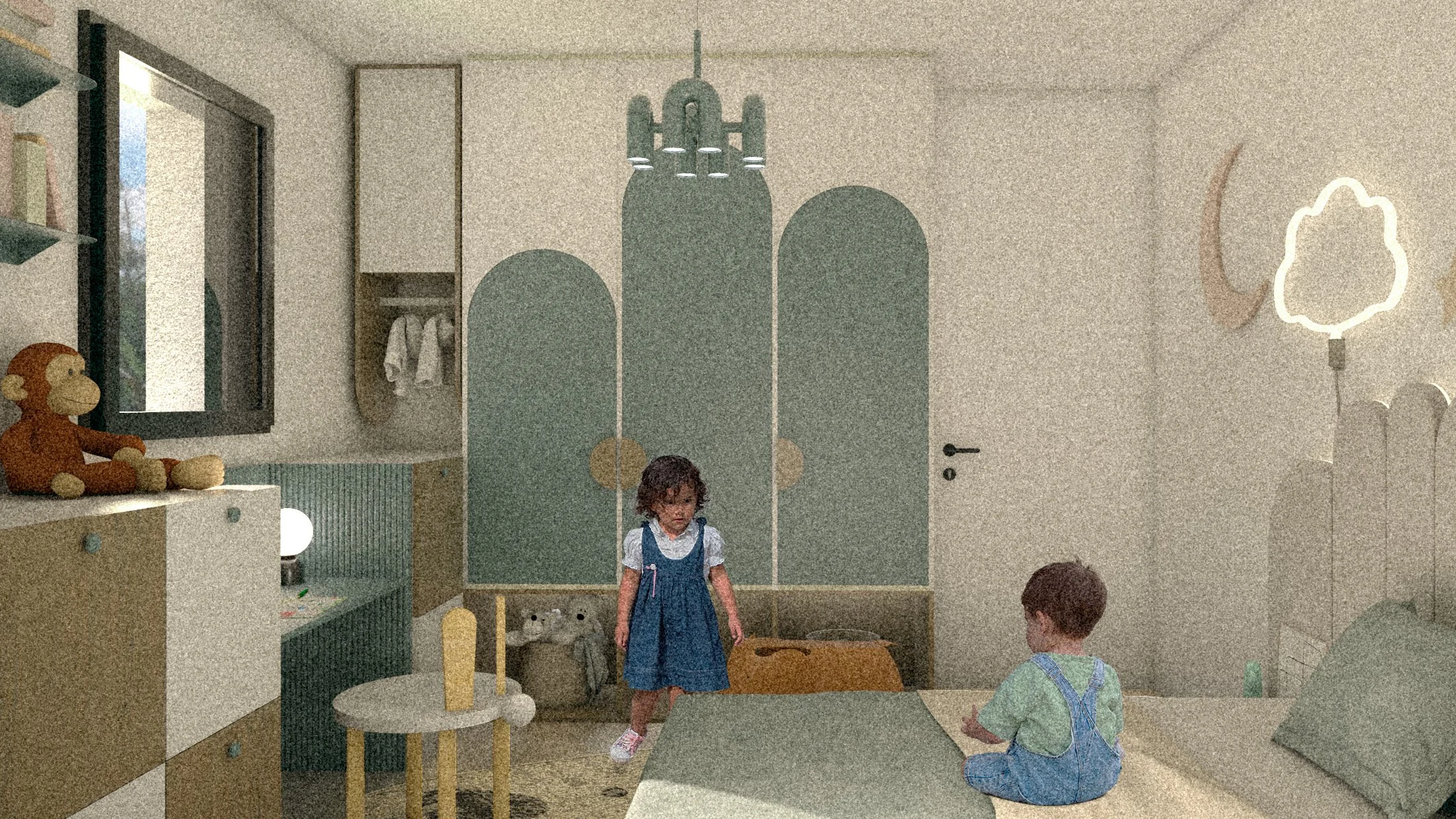 Une chambre d'enfants avec des jouets, deux enfants jouent par terre, un mur peint avec des formes colorées, et une lampe en forme de nuage.