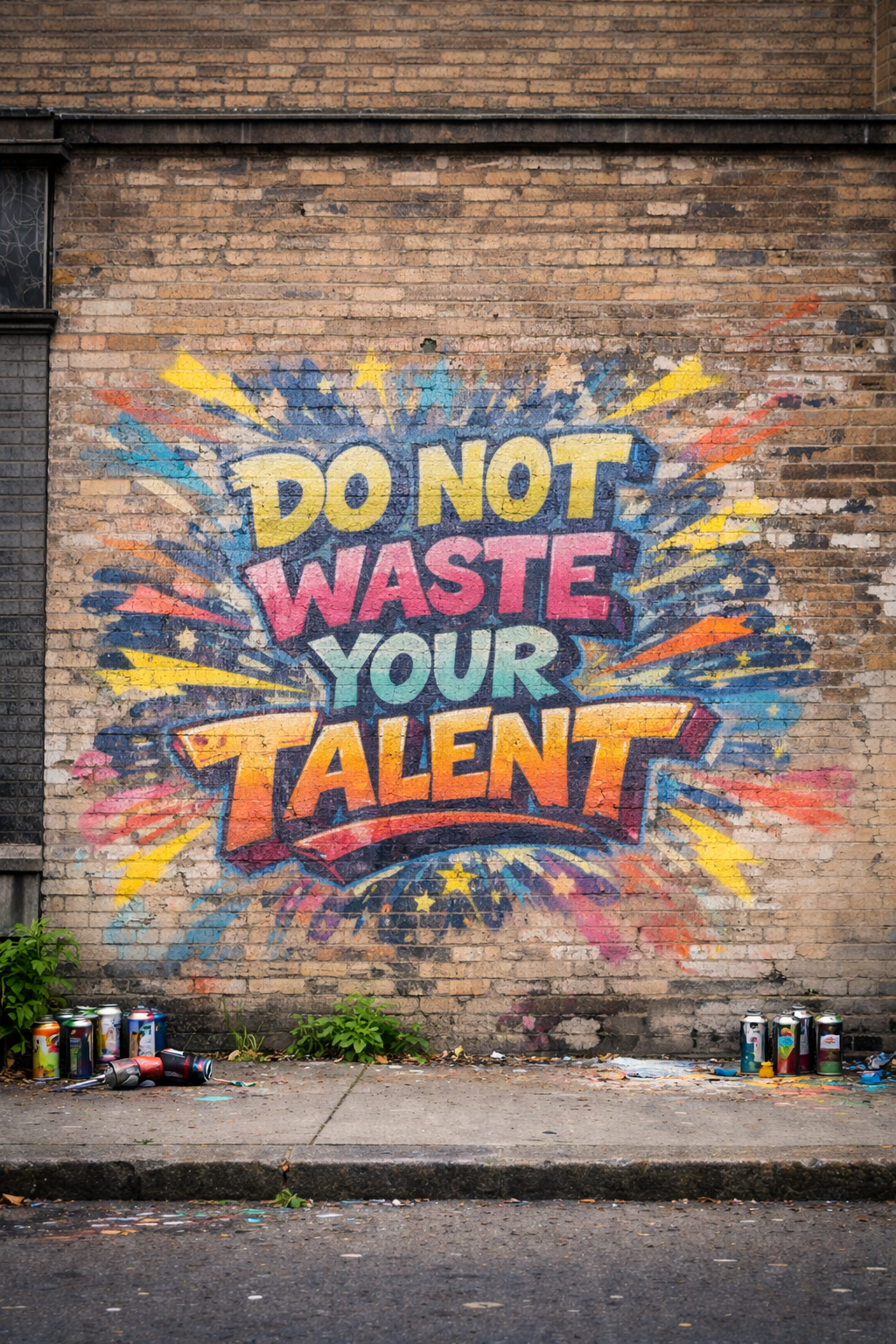 Colorful graffiti on a brick wall with the message 'Do not waste your talent' in bright yellow, pink, blue, and orange letters, surrounded by star and lightning designs.