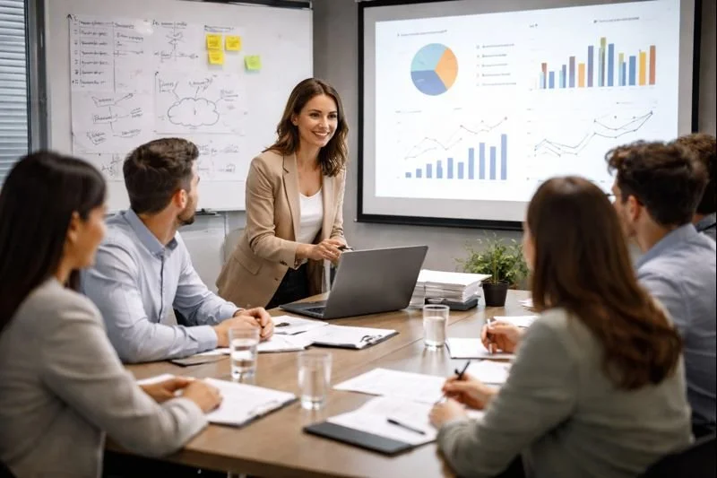 Business meeting in a conference room with a woman presenting data charts on a large screen to five colleagues seated at a table.