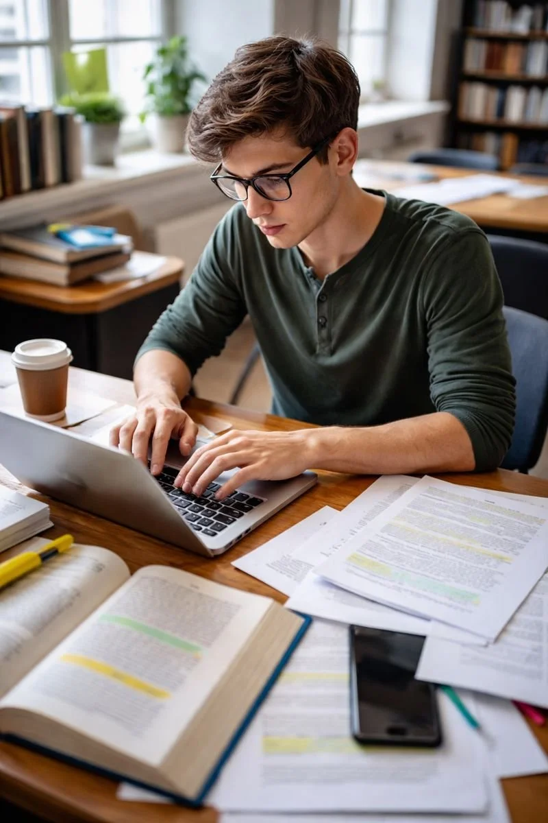 A young man with glasses sits at a cluttered desk working on a laptop surrounded by books, papers, a coffee cup, and a smartphone in a well-lit room with large windows and bookshelves.