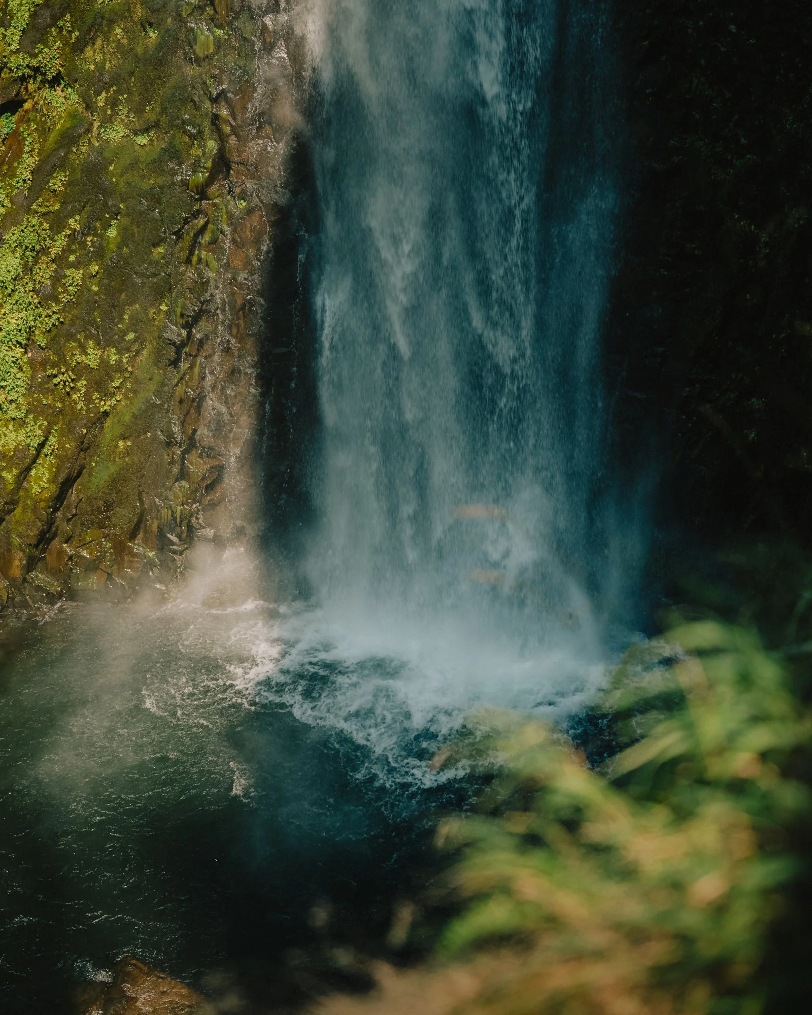 Waterfall cascading into a pool surrounded by mossy rocks and lush greenery.