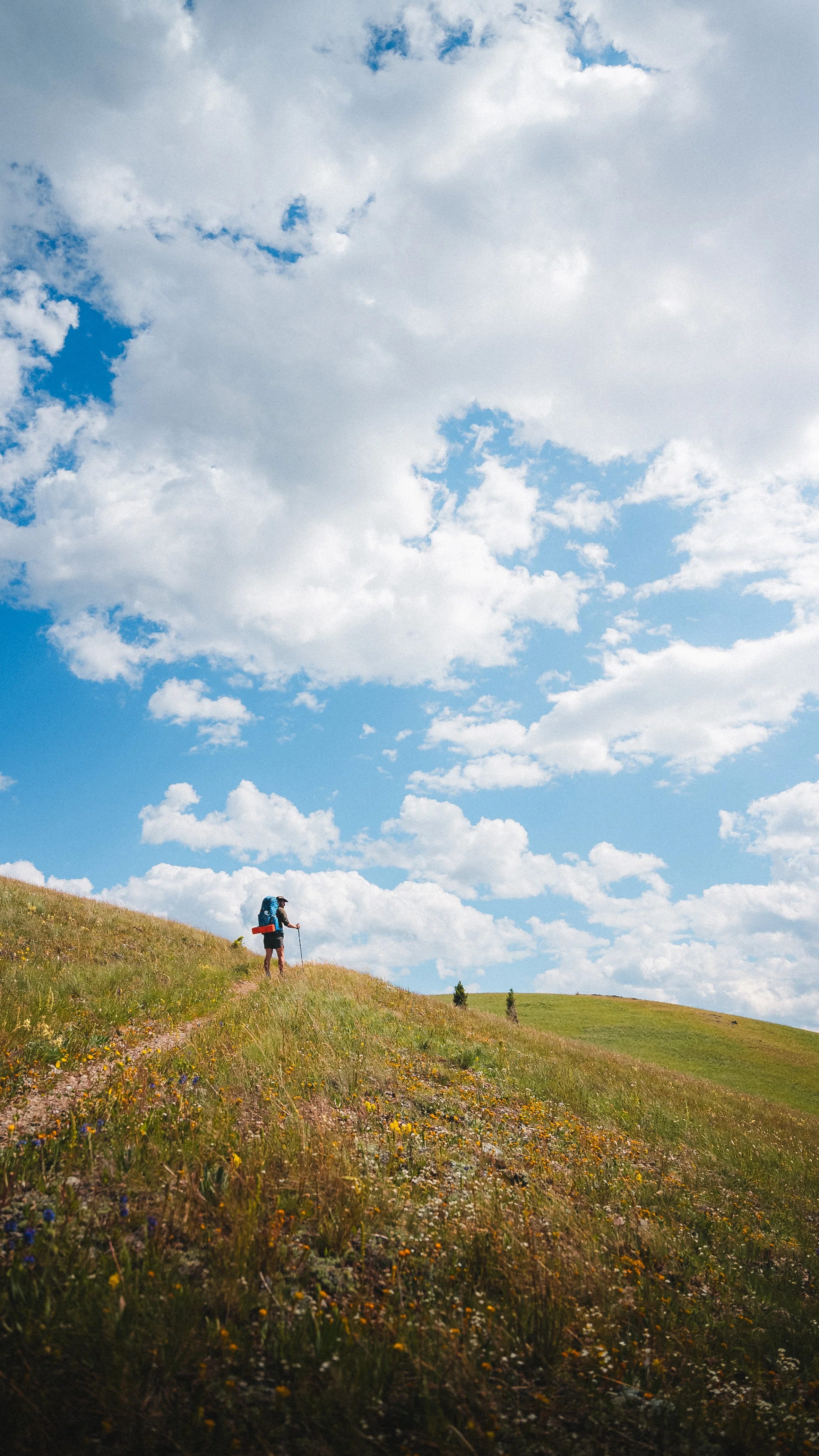 A person hiking uphill on a grassy trail under a mostly cloudy sky.