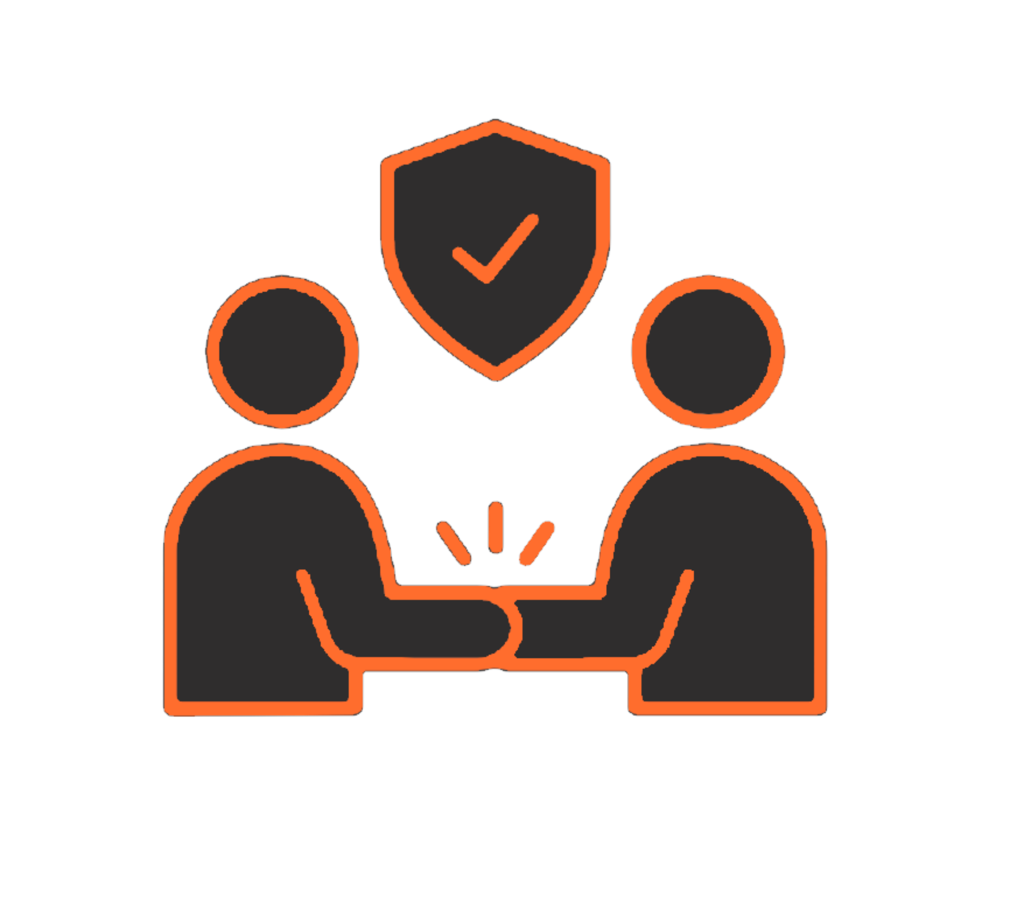 Représentation graphique de deux personnes qui se donnent une poignée de main, avec une icône de bouclier avec une coche au-dessus, symbolisant collaboration et sécurité.