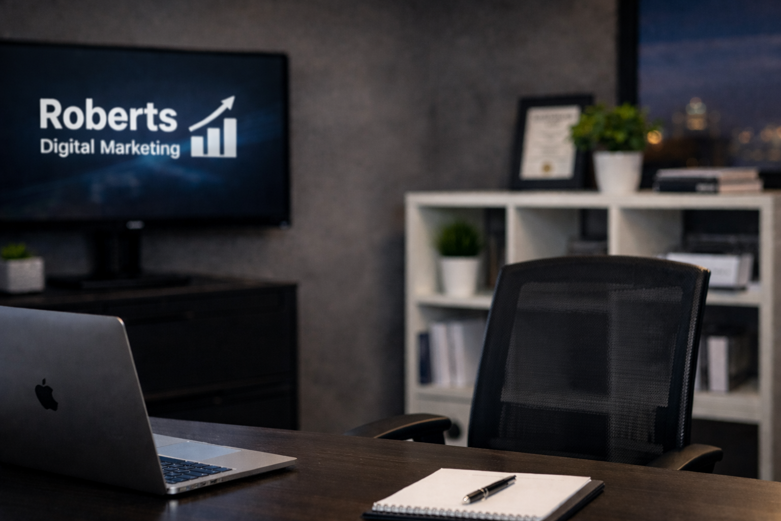 An office meeting room with a computer on a dark wooden table, a black mesh office chair, a white bookshelf with plants and books, and a large screen displaying the text 'Roberts Digital Marketing' with a graph icon.