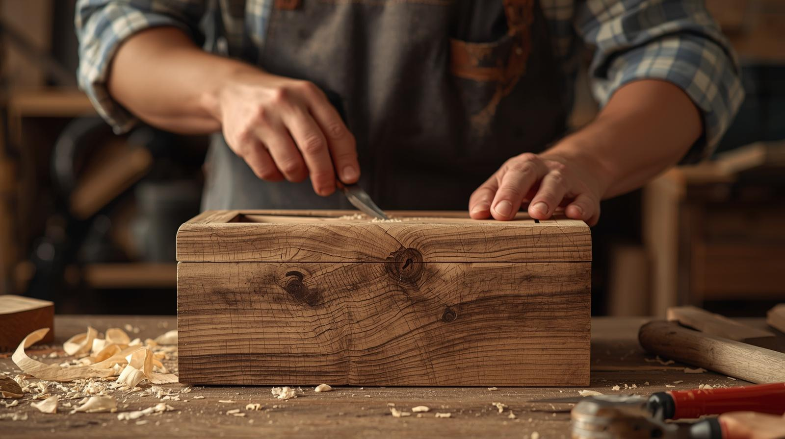 A person wearing a plaid shirt and apron is using a hand saw to cut a piece of wood. Wood shavings are scattered on the work surface, and woodworking tools are visible around.