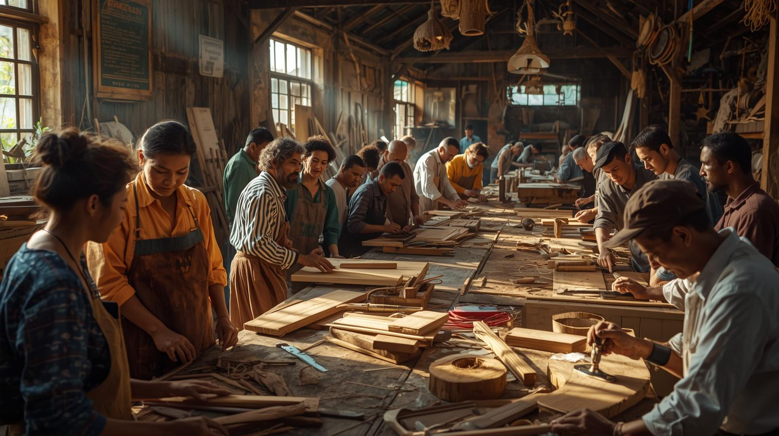People working together in a woodworking workshop, surrounded by wood pieces and tools, with sunlight streaming through windows.
