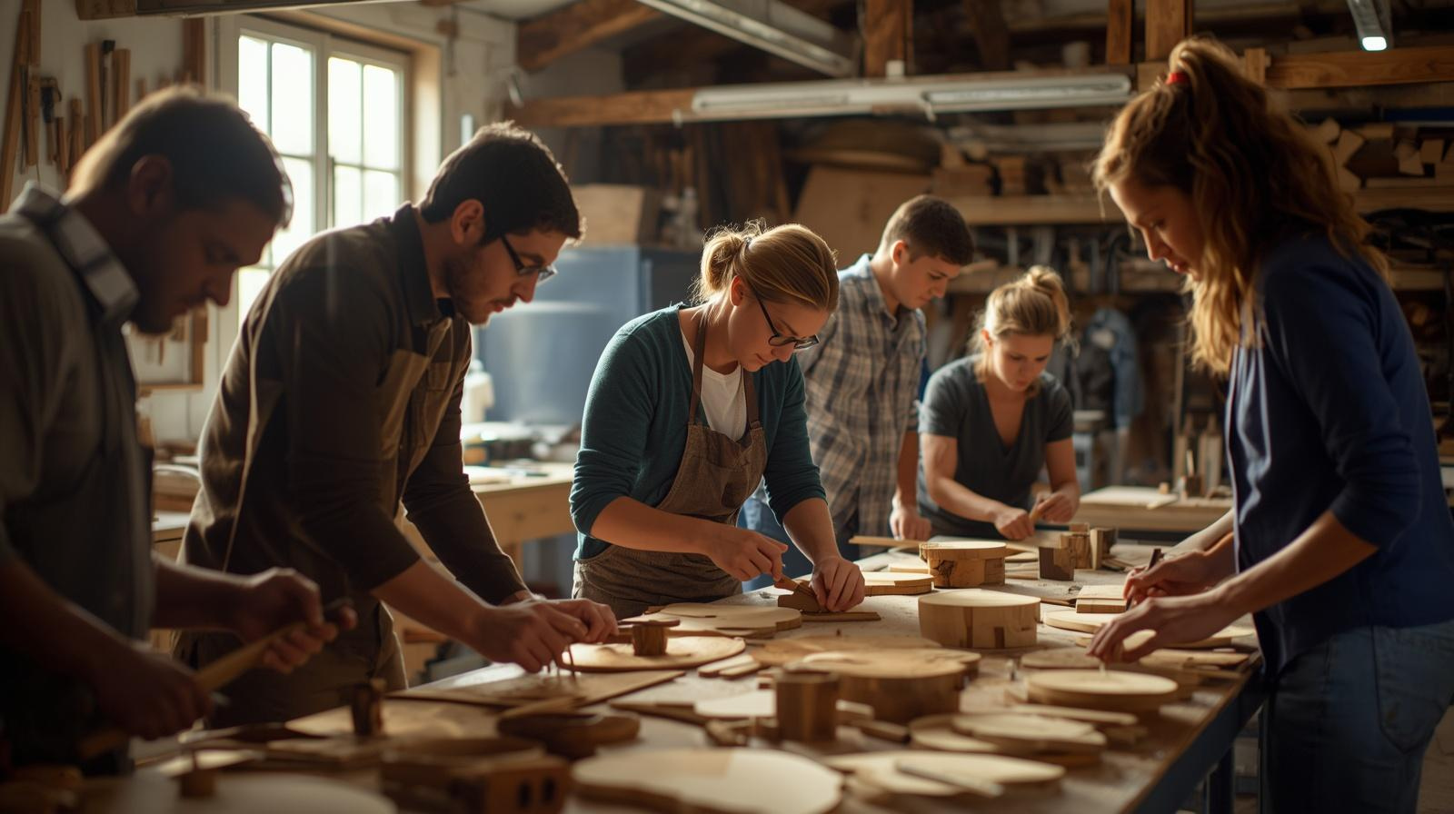 Group of people working on woodworking projects in a workshop, focusing on various wooden shapes and pieces on a large worktable.