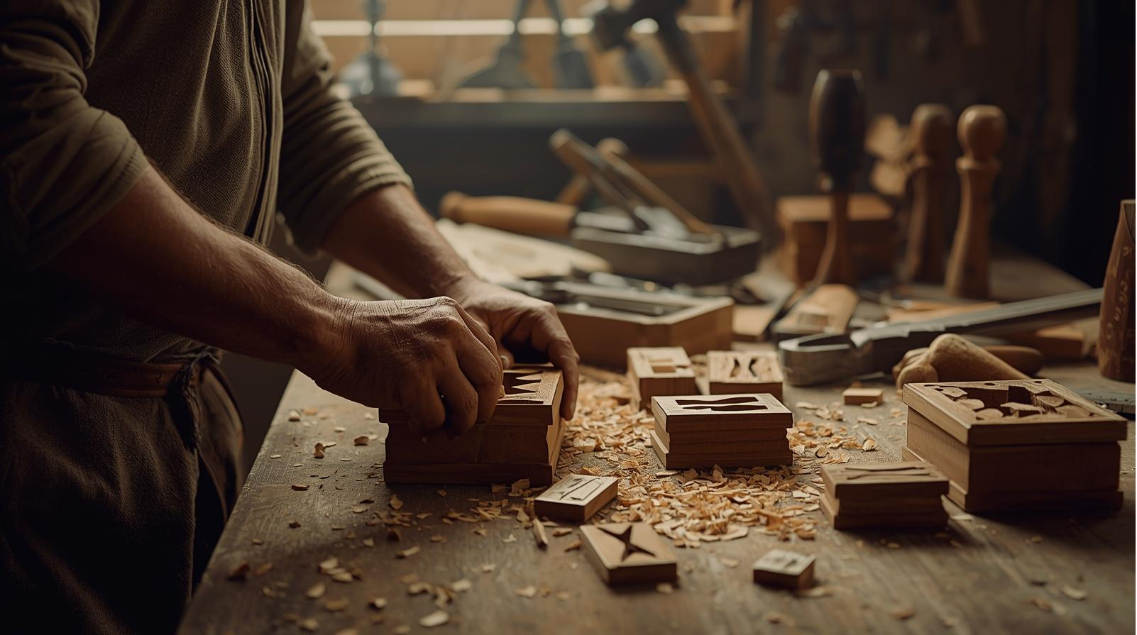 A person working in a woodworking shop, shaping wooden blocks with carved letters, surrounded by woodworking tools and wood shavings.