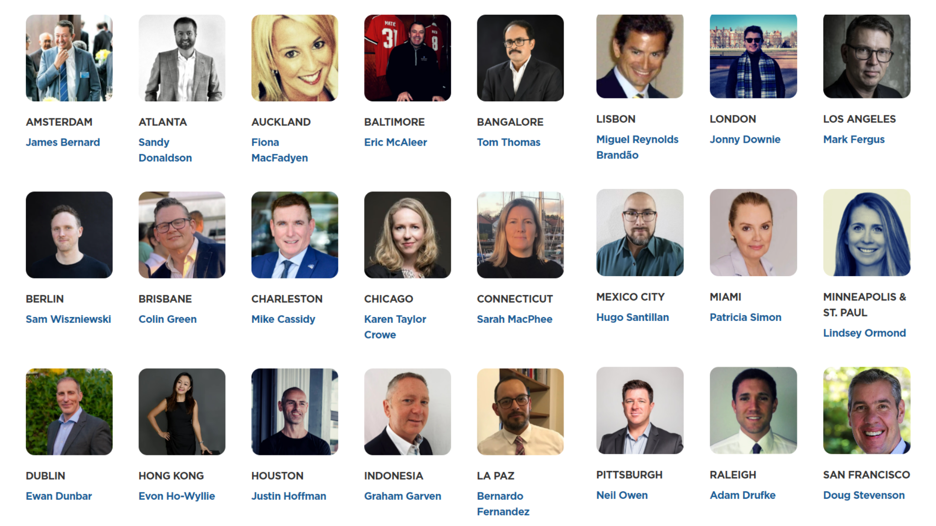 A collage of professional headshots of diverse individuals from various cities around the world, with their names and locations listed underneath.