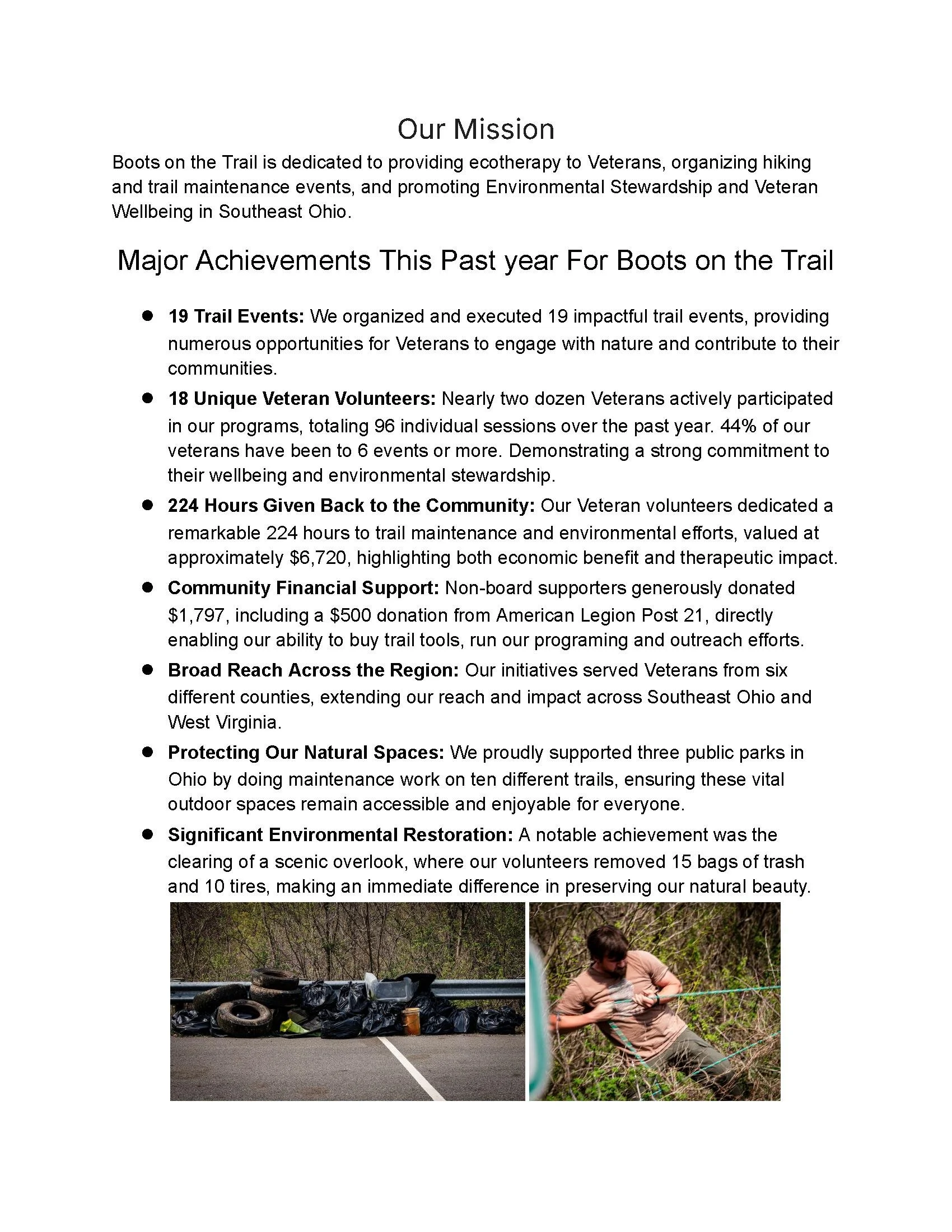 A document titled 'Our Mission' outlining the goals and achievements of Boots on the Trail, a volunteer organization dedicated to environmental stewardship and veteran wellbeing in Southeast Ohio, including details of trail events, volunteer participation, community support, environmental restoration, and outreach efforts.