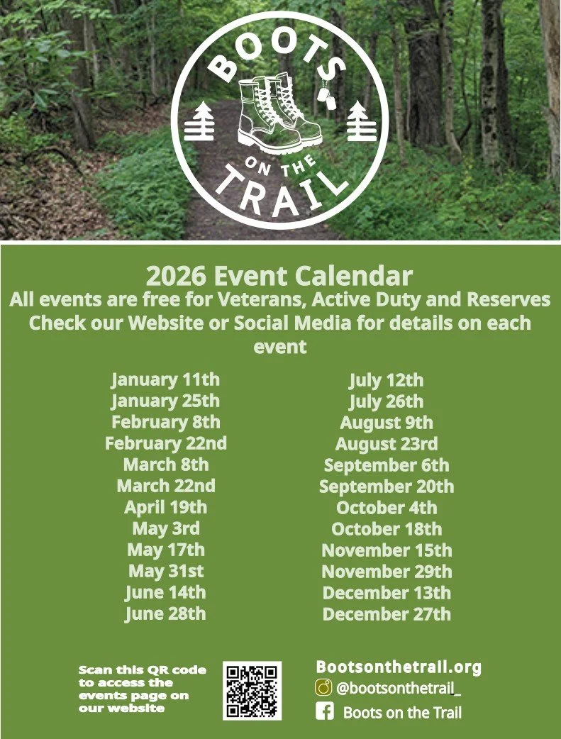 A poster for Boots on the Trail's 2026 event calendar, featuring a background of a forest trail with trees and green foliage. The top displays the logo of hiking boots within a circle, with the text "Boots on the Trail." Below, the calendar lists various event dates throughout 2026, along with a QR code, website, and social media information.