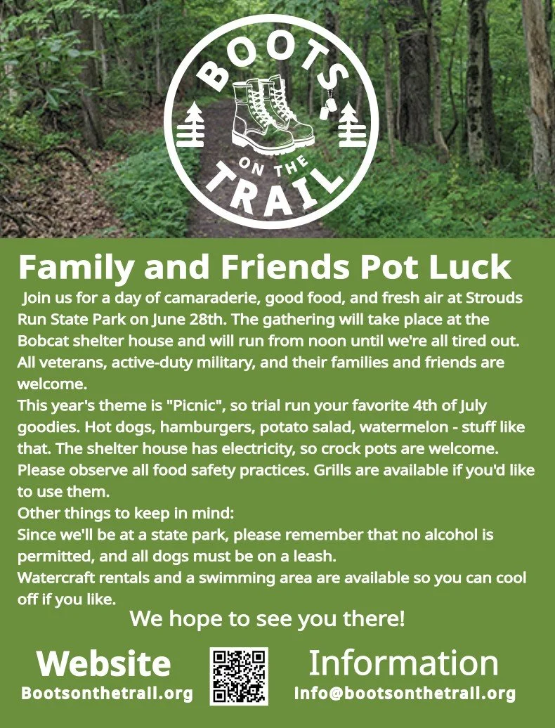 Flyer promoting a family and friends potluck event at Strouds Run State Park on June 28th, with a theme of picnic, including details about food safety, amenities, and contact information.