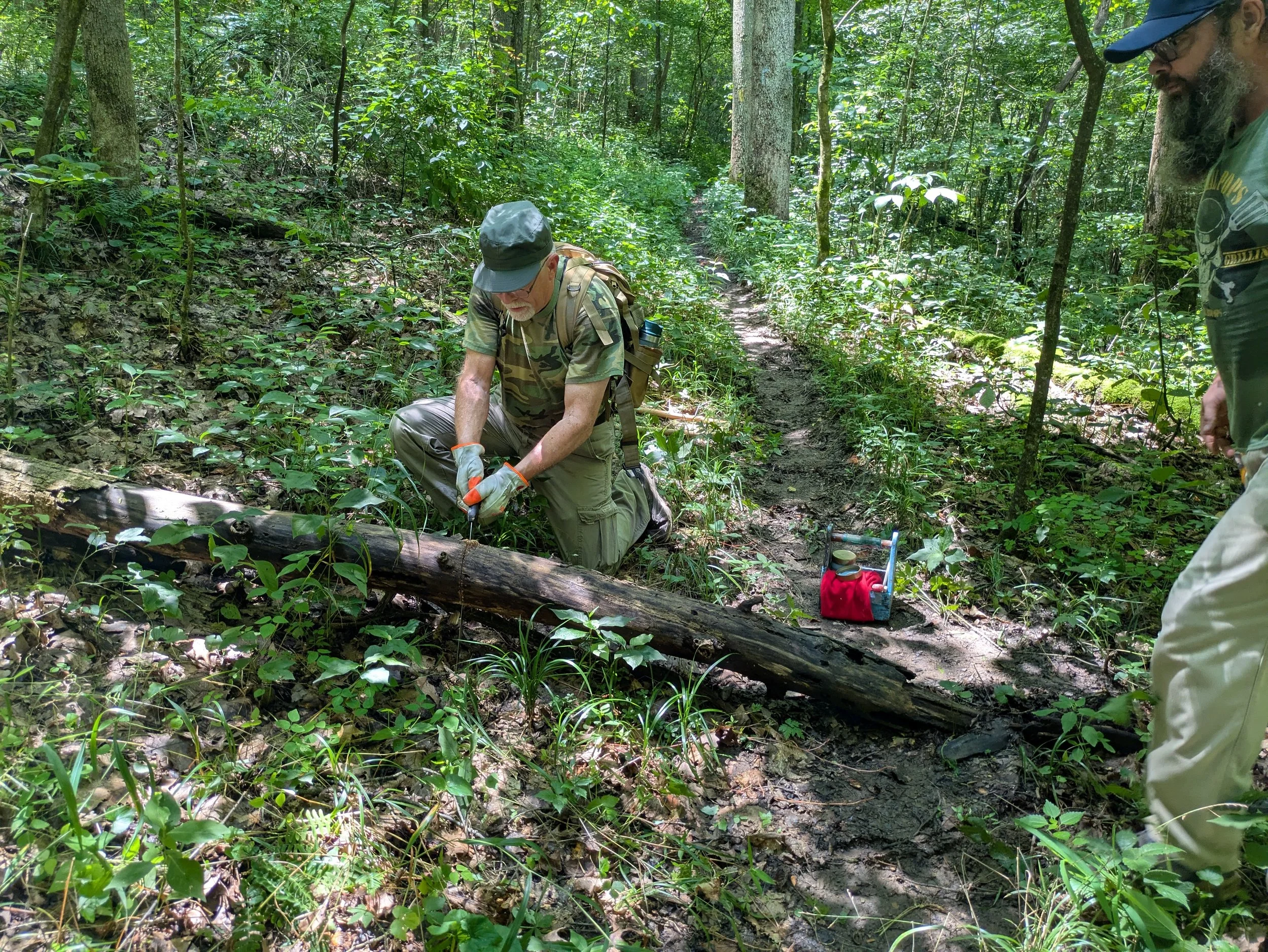 Two men working in a forest clearing, one kneeling and using a tool on a fallen log, the other standing nearby observing, surrounded by dense green foliage.