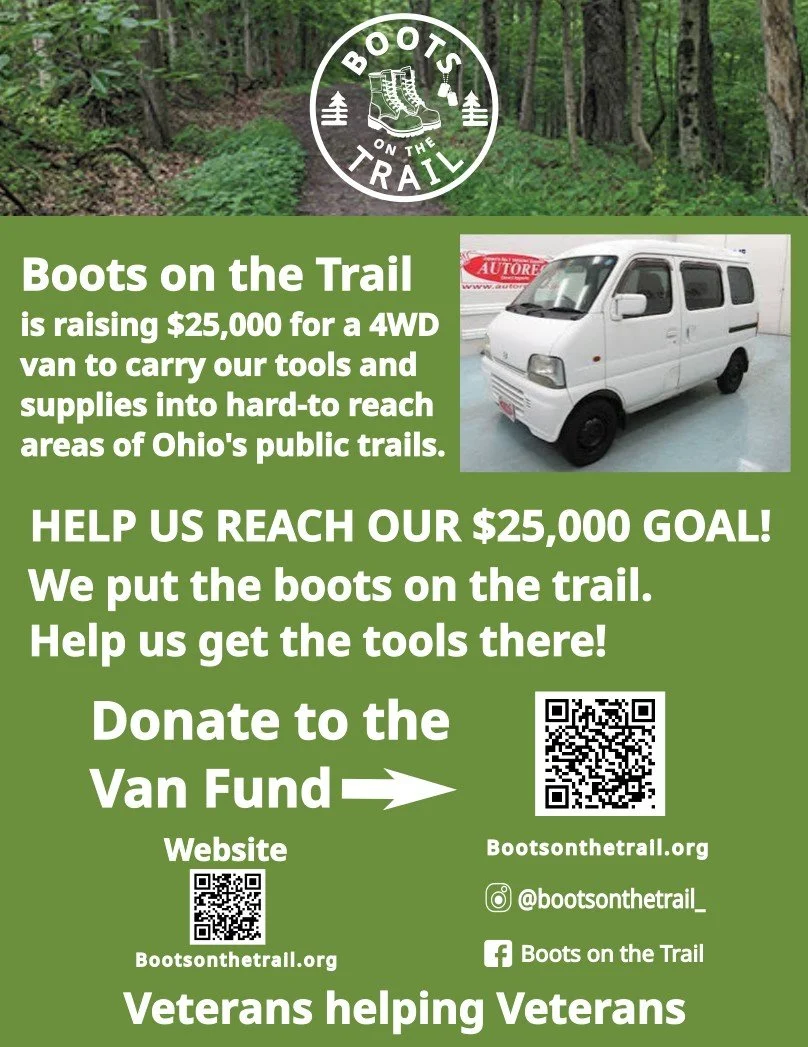 Fundraiser flyer for Boots on the Trail featuring a forest trail at the top, a logo with boots and trees, and a white van. The flyer calls for donations to reach a $25,000 goal to buy a 4WD van for Ohio public trail tools and supplies, including QR codes, website, and social media info.