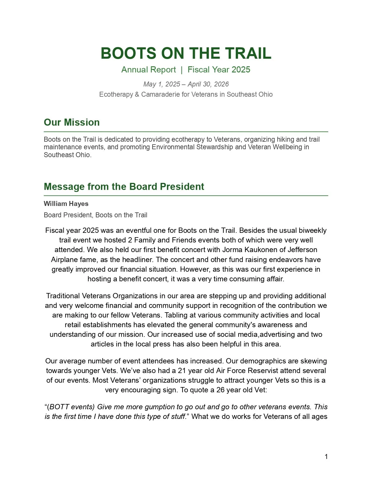 Cover page of a report titled "Boots on the Trail Annual Report Fiscal Year 2025," dated May 1, 2025, to April 30, 2026, for ecotherapy and camaraderie for veterans in Southeast Ohio.