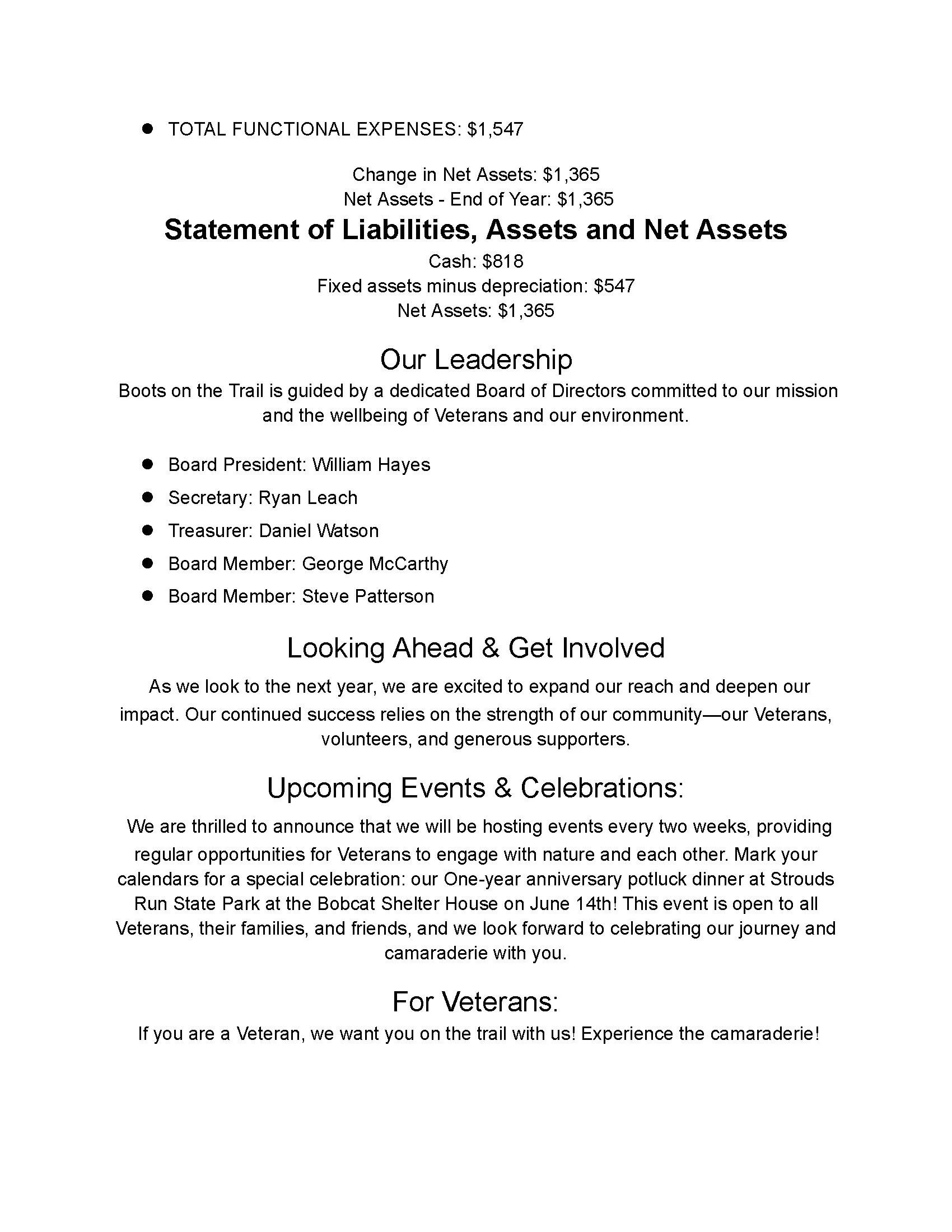 A financial statement document highlighting expenses, assets, and leadership details, with sections on upcoming events and veteran programs.