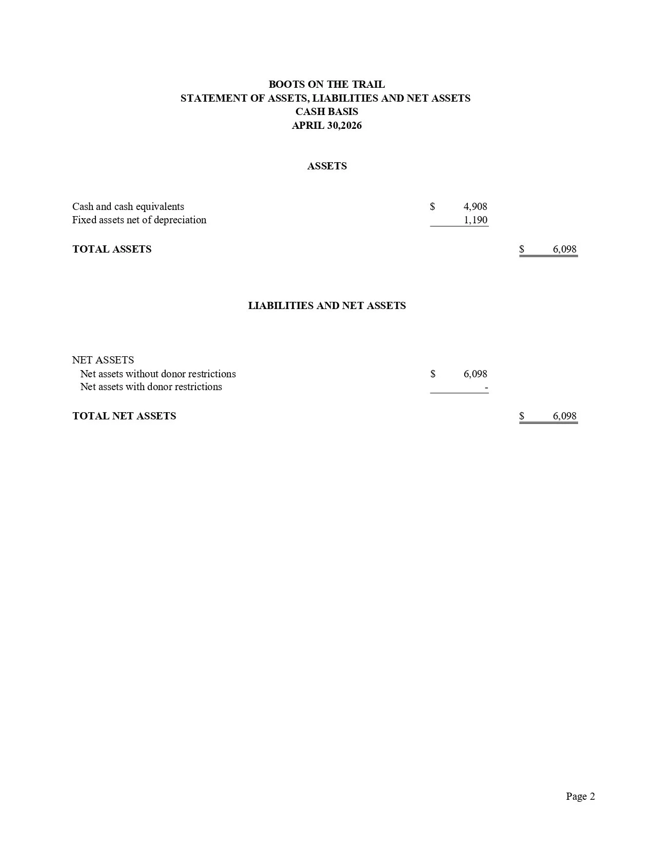 Financial statement titled "Boots on the Trail: Statement of Assets, Liabilities, and Net Assets" dated April 30, 2026, showing assets of $6,098.