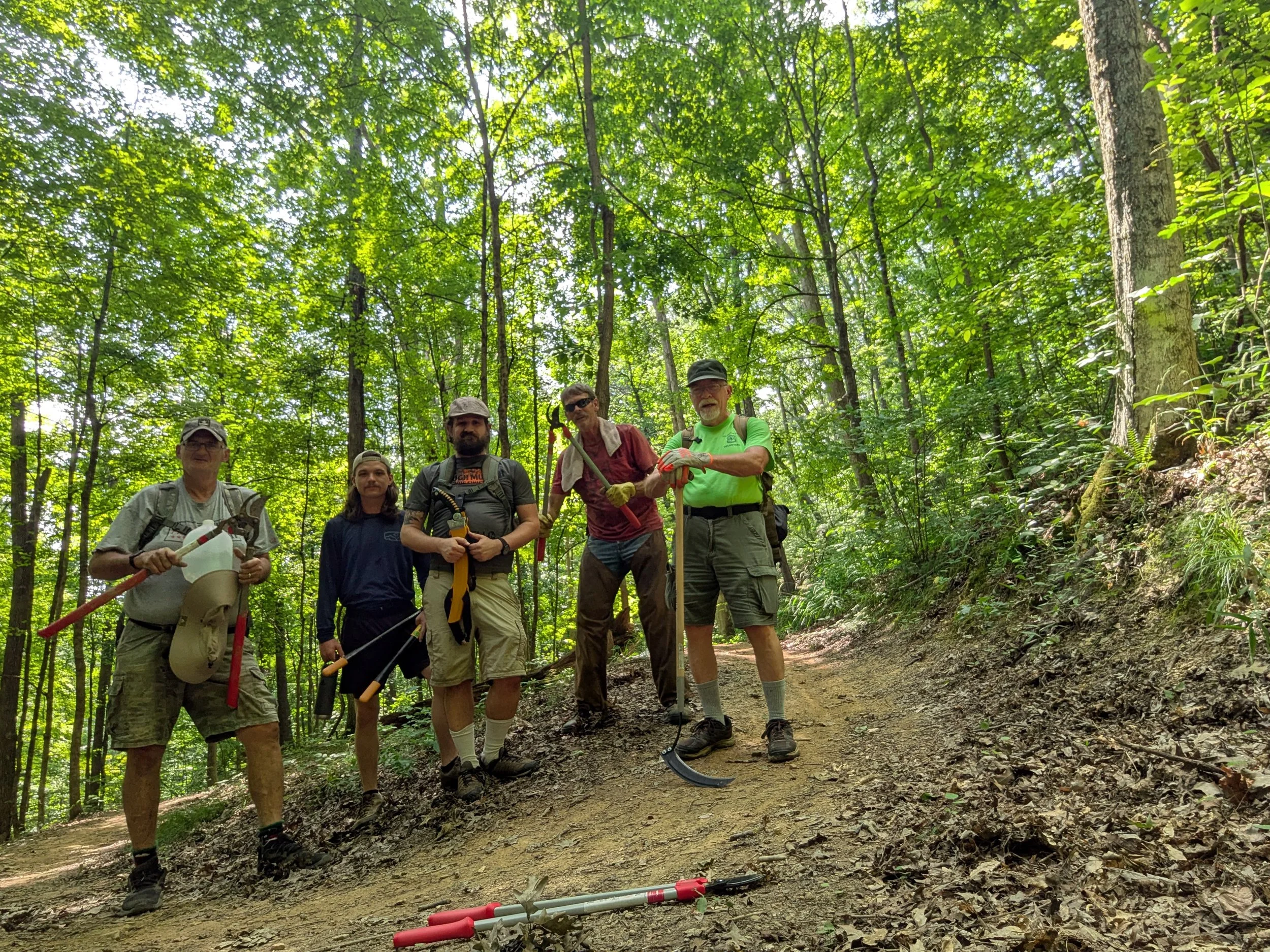 Group of five people standing on a forest trail with tools, surrounded by green trees.
