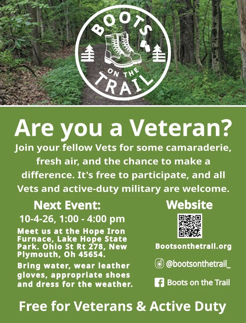 Flyer for Boots on the Trail event encouraging veterans and active duty military to join for camaraderie and outdoor activity, featuring a logo with hiking boots and forest icons, event details, location, and website.