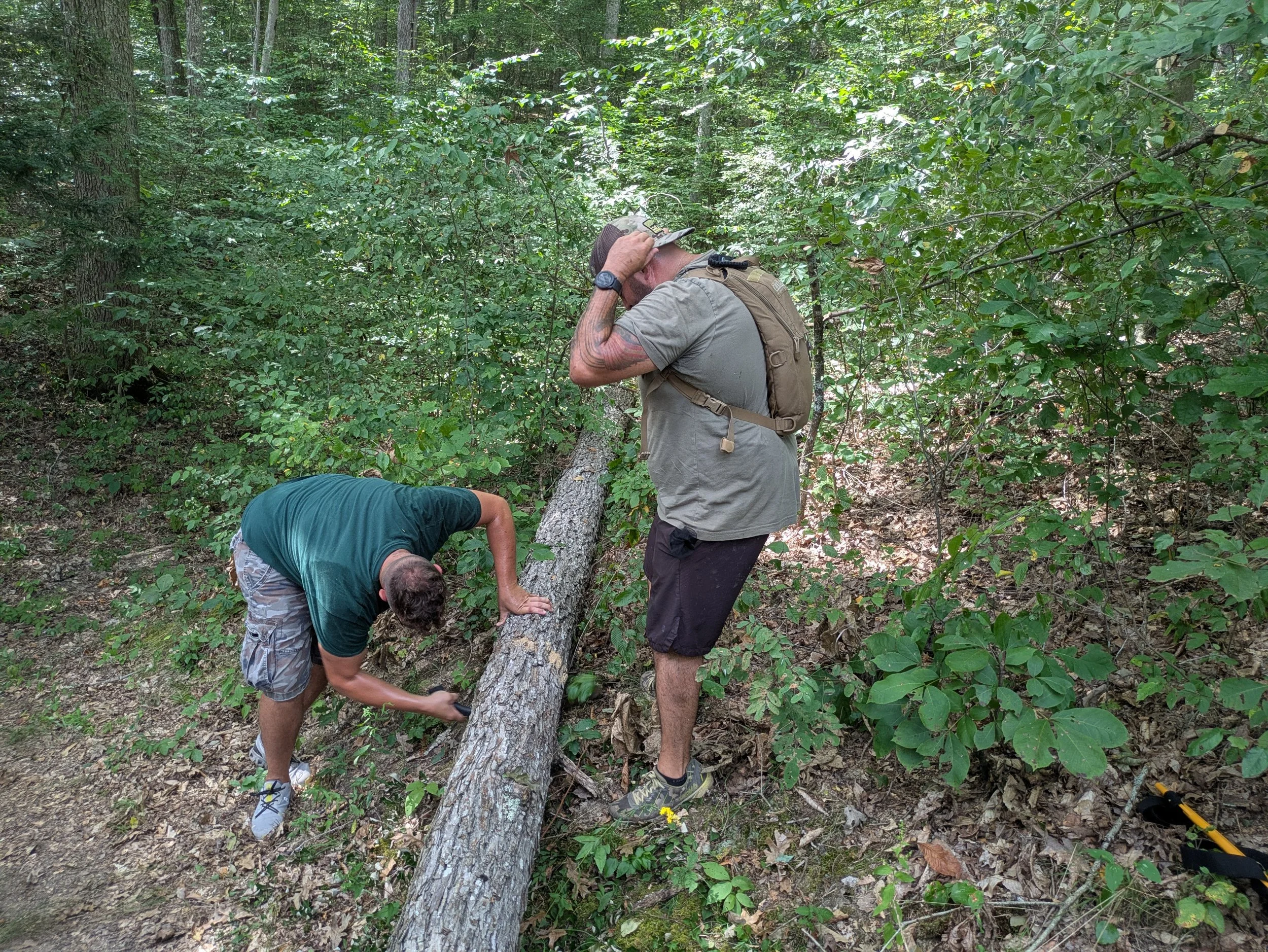 Two men are in a wooded area on a forest floor, one standing and holding a hat to his head, the other crouching and using a tool to trim a fallen tree while the standing man looks on.