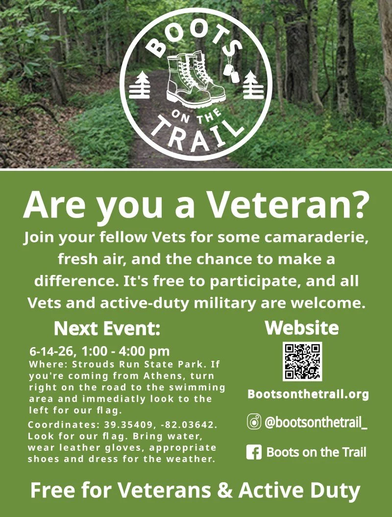 Green promotional flyer for 'Boots on the Trail', a veteran trail event at Strouds Run State Park. Features a logo with hiking boots, pine trees, and event details, including date, time, location, and participation information.