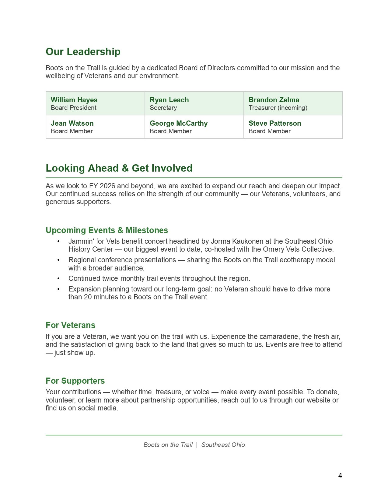 Text excerpt from a document or webpage discussing leadership, upcoming events, and support for veterans and supporters, with a table listing board members' names and roles.
