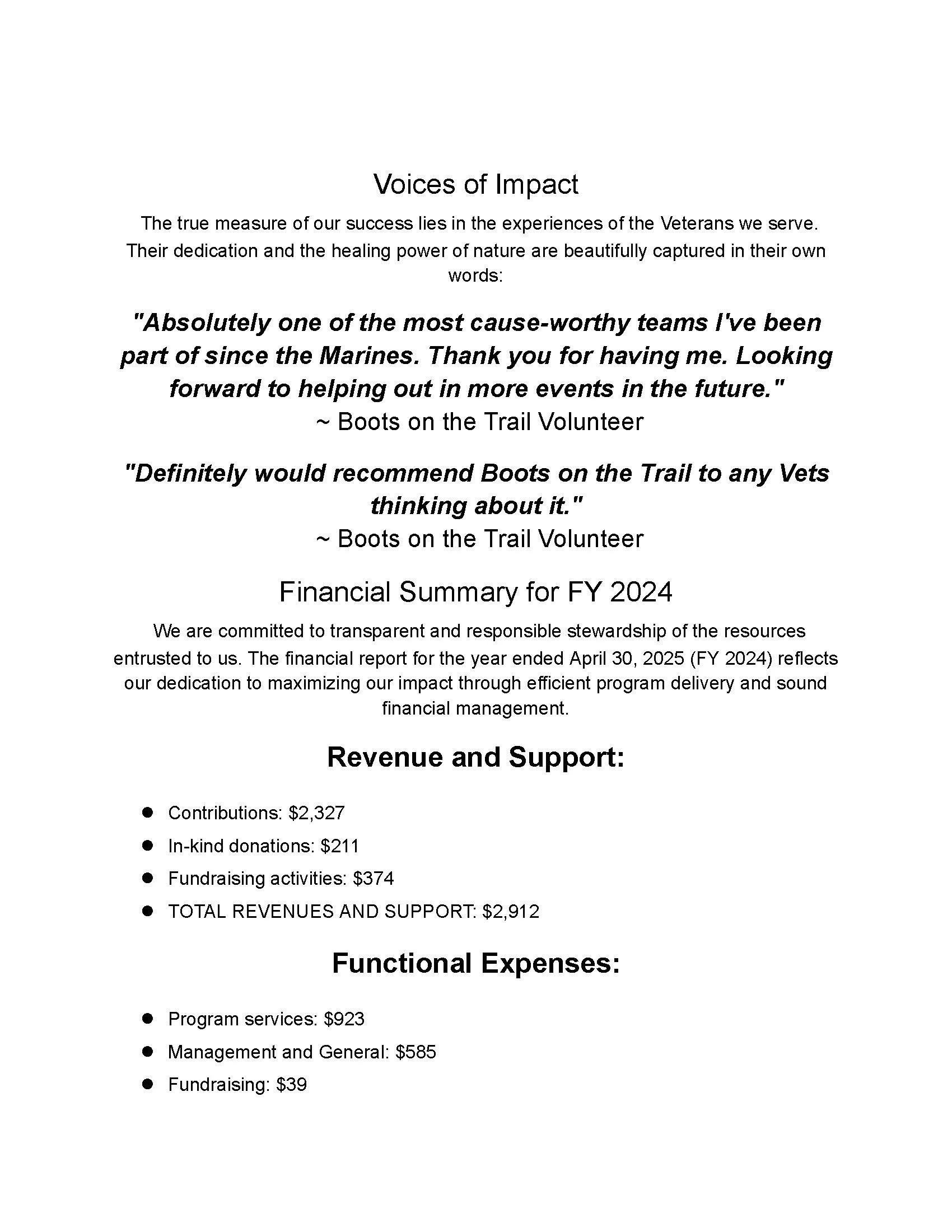 Financial report page with text about veterans, quotes from Boots on the Trail Volunteer, and financial summary including contributions, donations, fundraising, and total revenue for FY 2024.