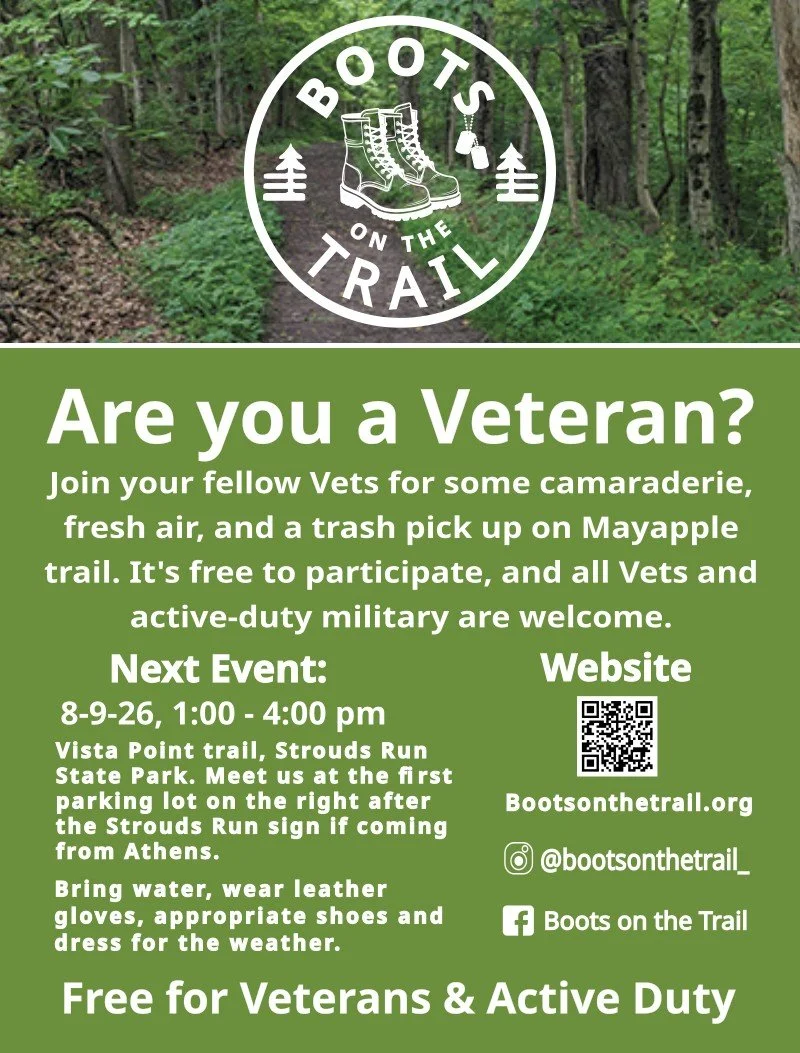 A promotional poster for 'Boots on the Trail' event in a forest setting, inviting veterans and active-duty military to join a trail cleanup and camaraderie event at Vista Point trail in State Park, with event details, website, and social media info.