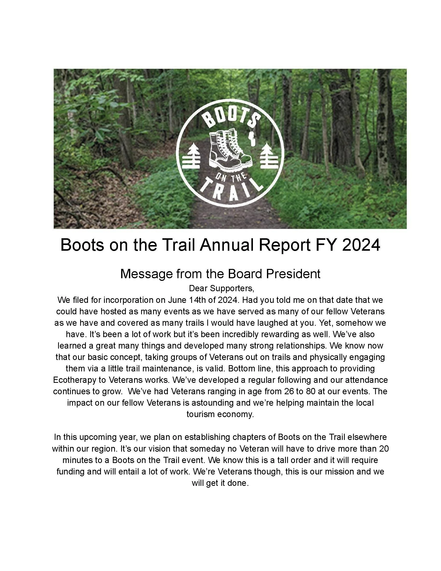 Cover page of the Boots on the Trail Annual Report FY 2024, featuring a trail through a green forest with a white circular logo depicting boots and trees, along with the text 'Boots on the Trail'