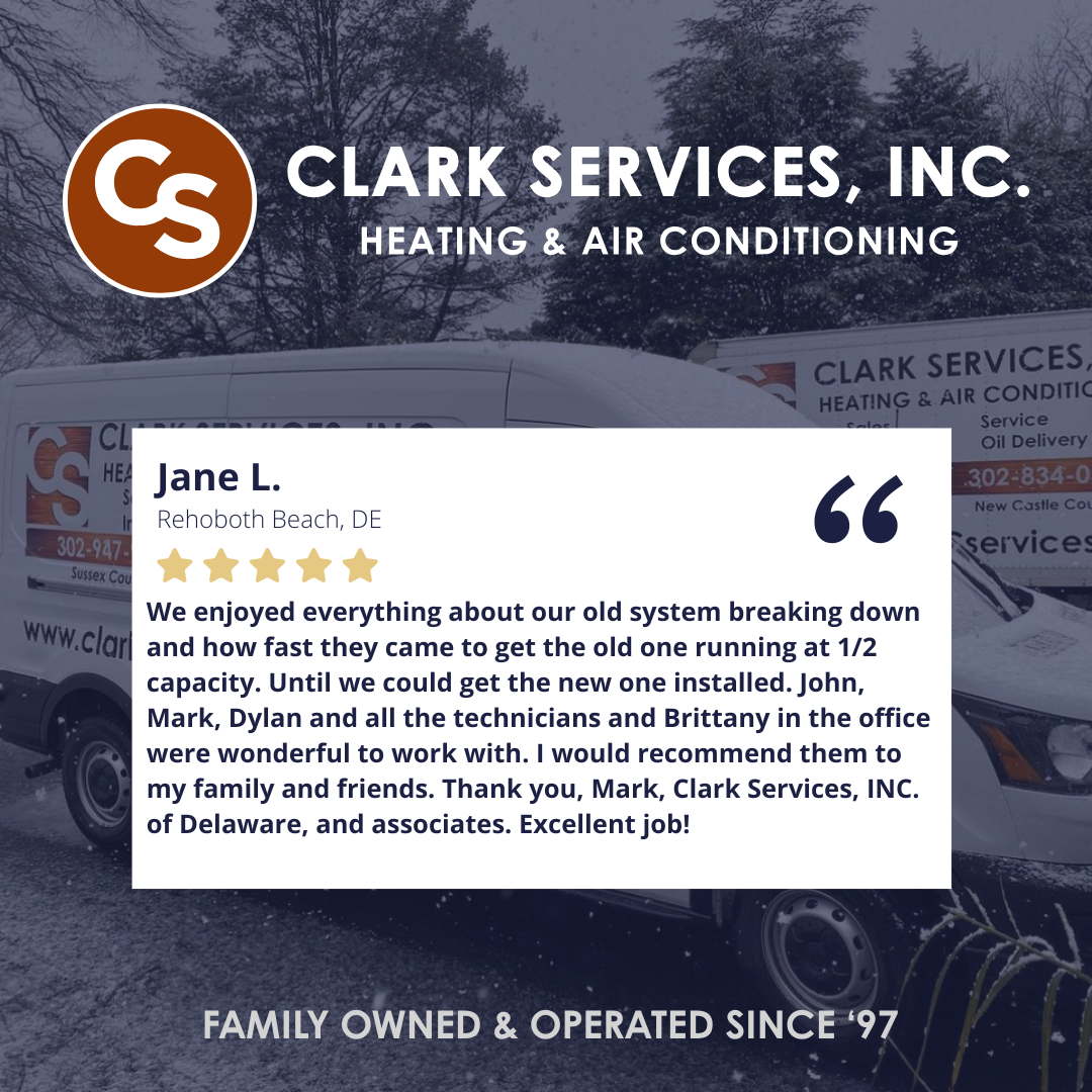 Customer review for Clark Services, Inc. heating and air conditioning, with a background image of service vans and a winter scene. The review is from Jane L. of Rehoboth Beach, DE, praising the company's service and technicians. The company's logo and contact information are also visible.