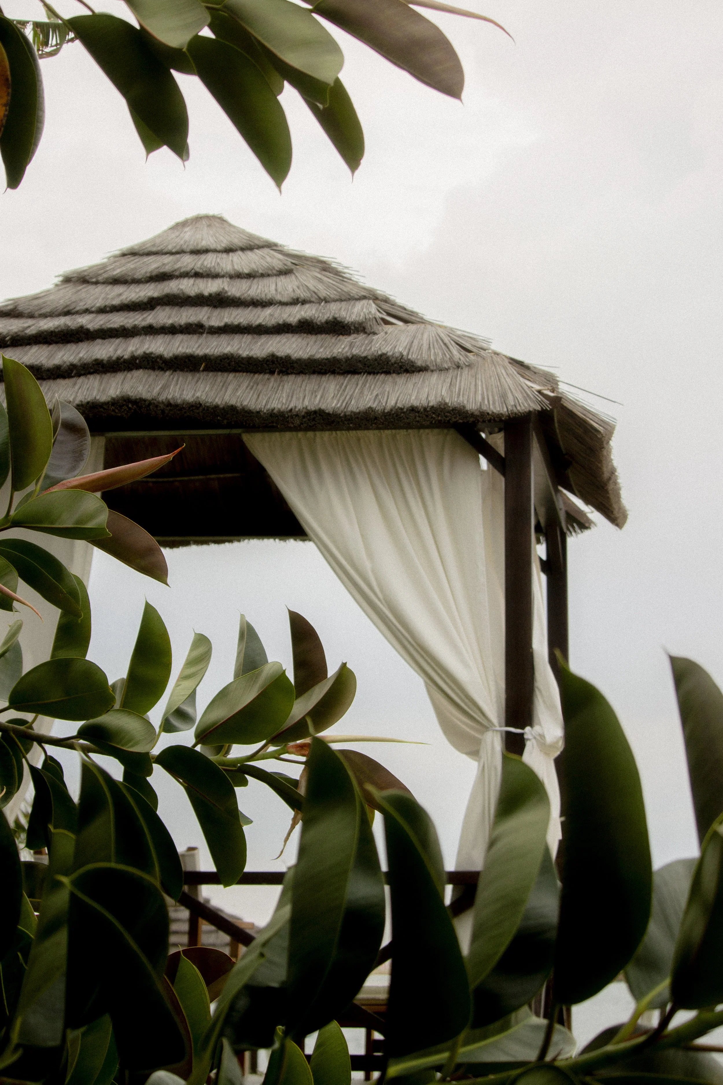 A view of a thatched roof gazebo with white curtains, surrounded by green leafy plants, against a cloudy sky.
